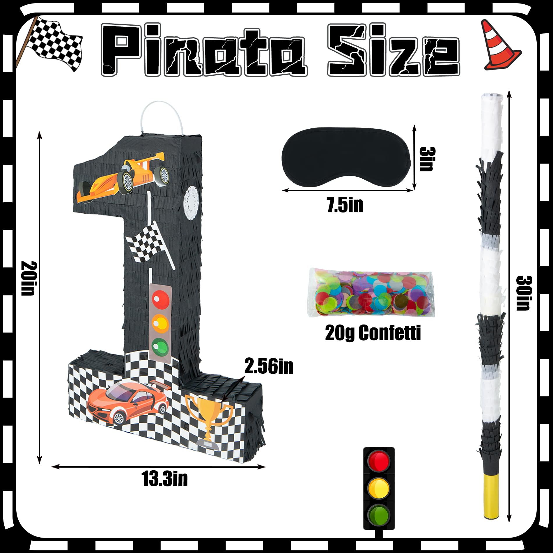 PCFING Piñata número 1 de coche de carreras de 20 pulgadas con palo de piñata de 30 pulgadas, confeti vendado para niños, niñas, adultos, carreras, decoraciones de fiesta de cumpleaños, celebración de