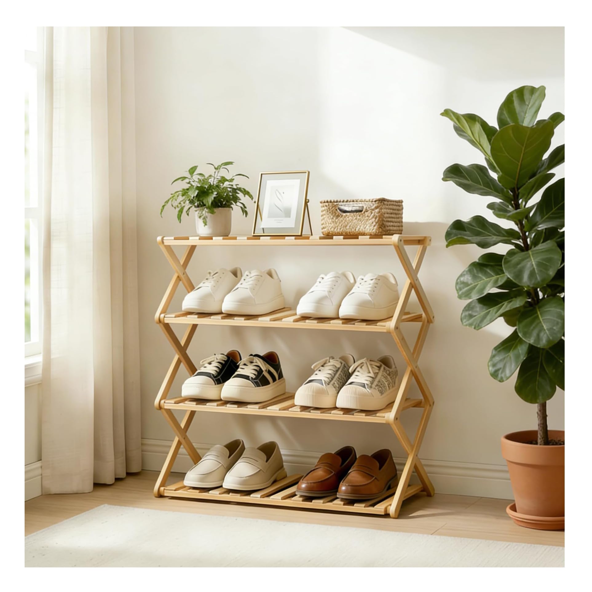KOMTWNM Schuhregal aus Bambus mit 4 Etagen Schuhregal Faltbar Holz, Platzsparend Schuhablage, Schuh Regal für Korridore, Schlafzimmer, Wohnzimmer