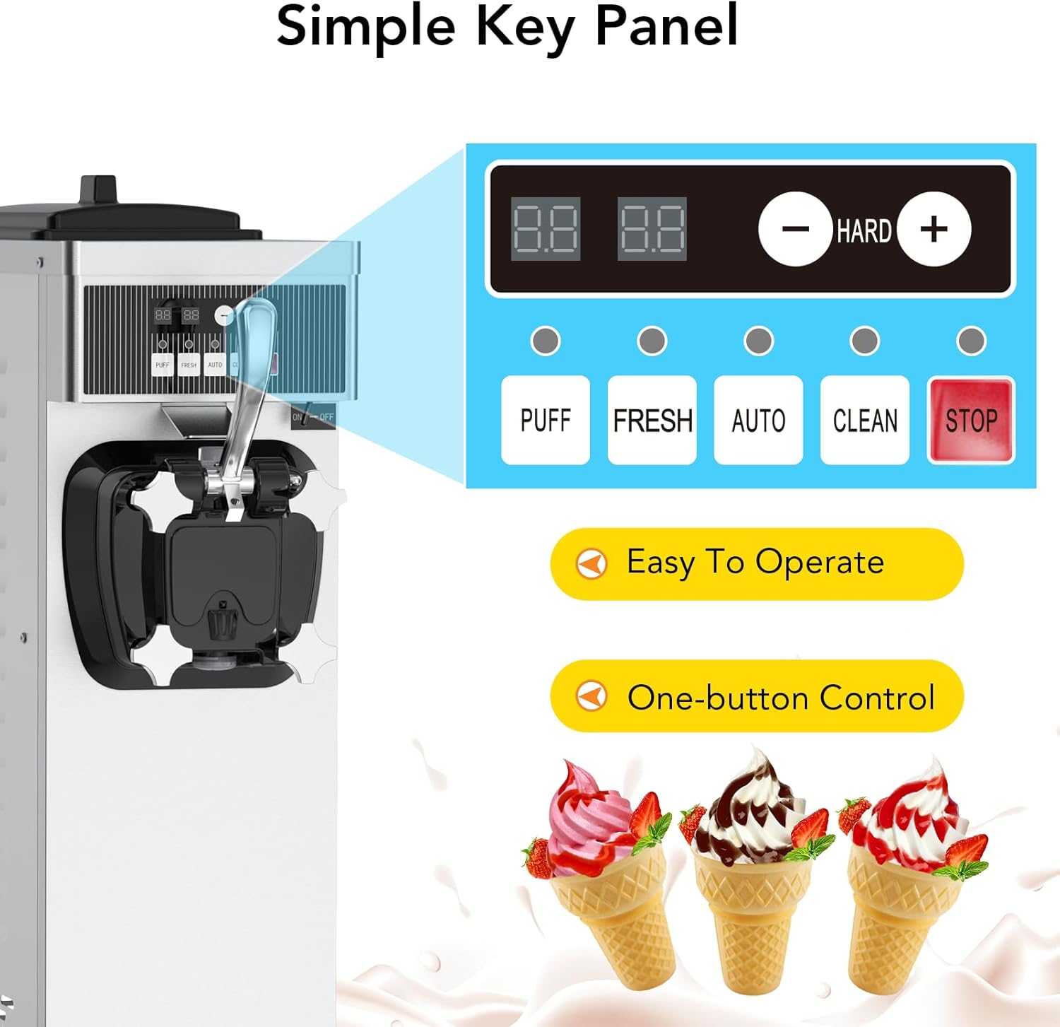 Single Flavor Soft Serve Ice Cream Maker Machine Commercial, 4.7-5.8 Gal/Hr Countertop Soft Serve Machine with LCD Display, Auto Clean Pre-Cooling High Productivity for Restaurants & Snack, 1200W