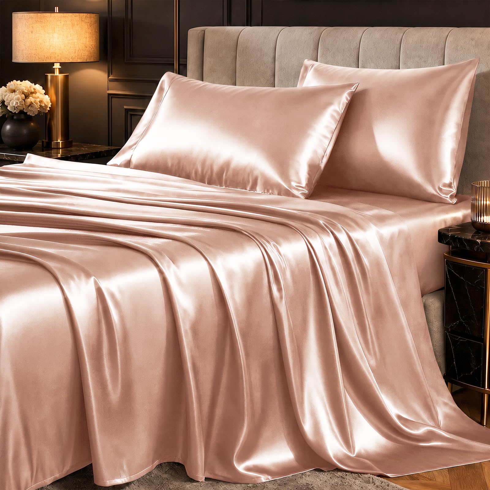 CozyLux Satin Sheets King, 4-Piece 14-Inch Deep Pocket Sheet Set