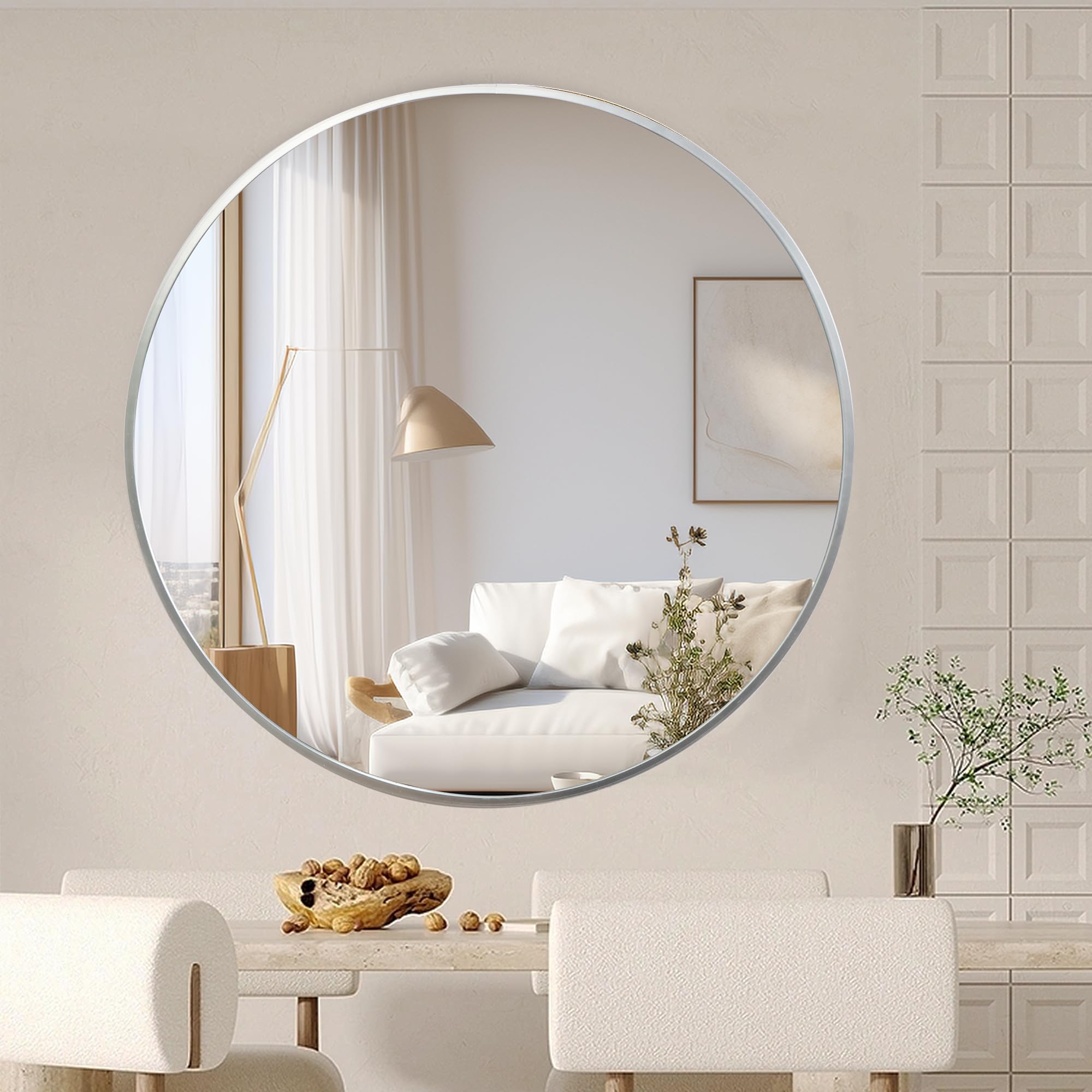 壁掛け鏡 丸 円形ミラー 壁掛けミラー バスルームミラー ウォールミラー 金属フレーム 化粧鏡 玄関 洗面 トイレ (シルバー 直径30cm)