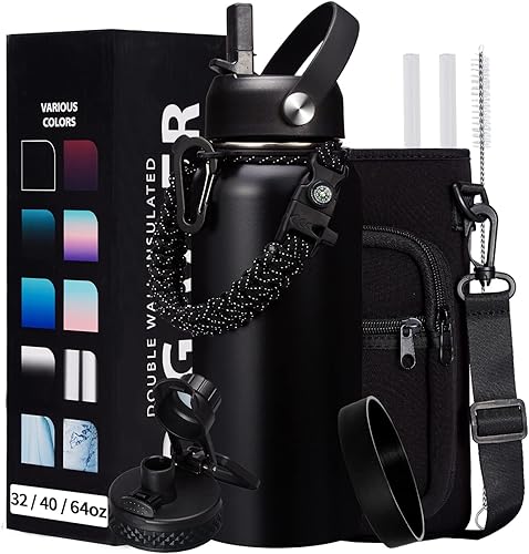 Botella de agua de acero inoxidable de 32-40-64 oz - Botella de agua negra con pajita y tapa con pico, asa de paracord y funda para botella, termo