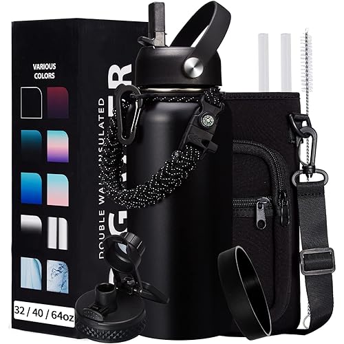 32-40-64OZ Stainless Steel Water Bottle - Black Water Bottle with Straw & Spout Lid, Paracord Handle & Bottle Sleeve, Insulated Vacuum Water Flask Double-Wall Metal Thermo Cup Canteen for Gym School