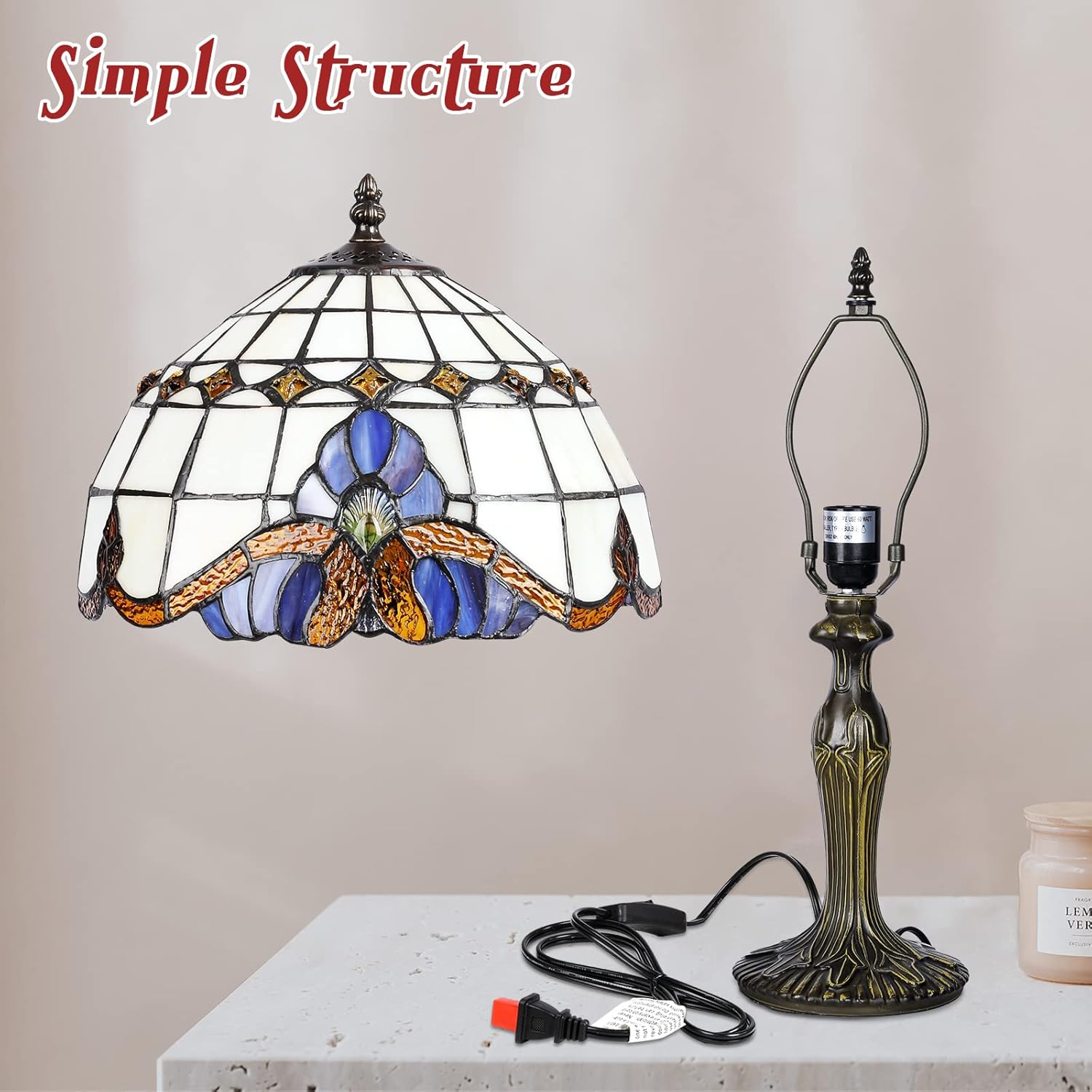 Vipush Tiffany Lamp, Vintage Style Glass Table Lamp - Tiffany Style Table Lamp for Bedside Nightstand Desk Reading Light Bedroom Living Room Decor Home Office