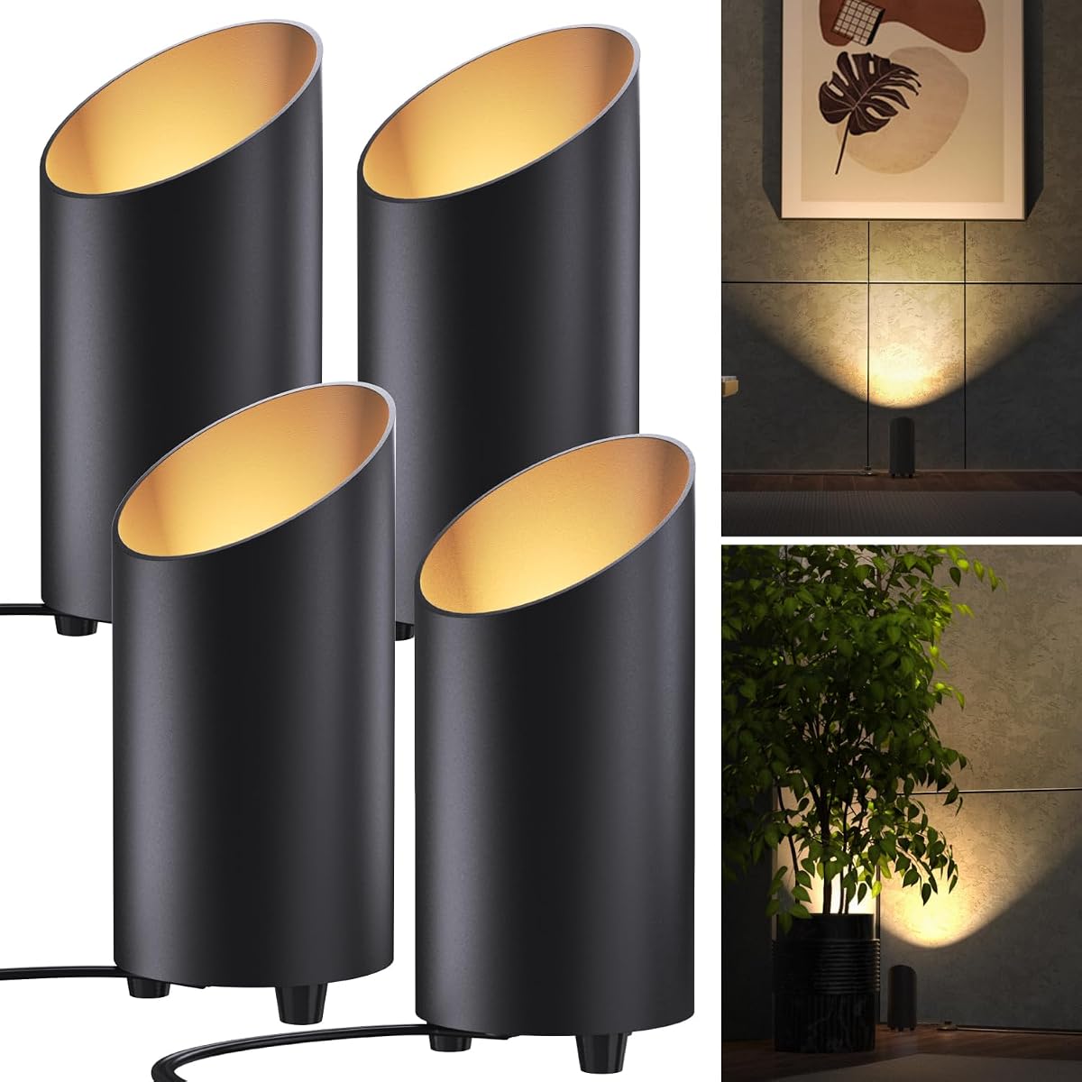 Sunco Paquete de 4 focos LED Uplight para interiores, con interruptor de pie, 7W | 450 lm, 3000 K, blanco cálido, 120 V, negro, no regulable, lata de piso, pantallas, acento artístico, para plantas de interior, iluminación interior
