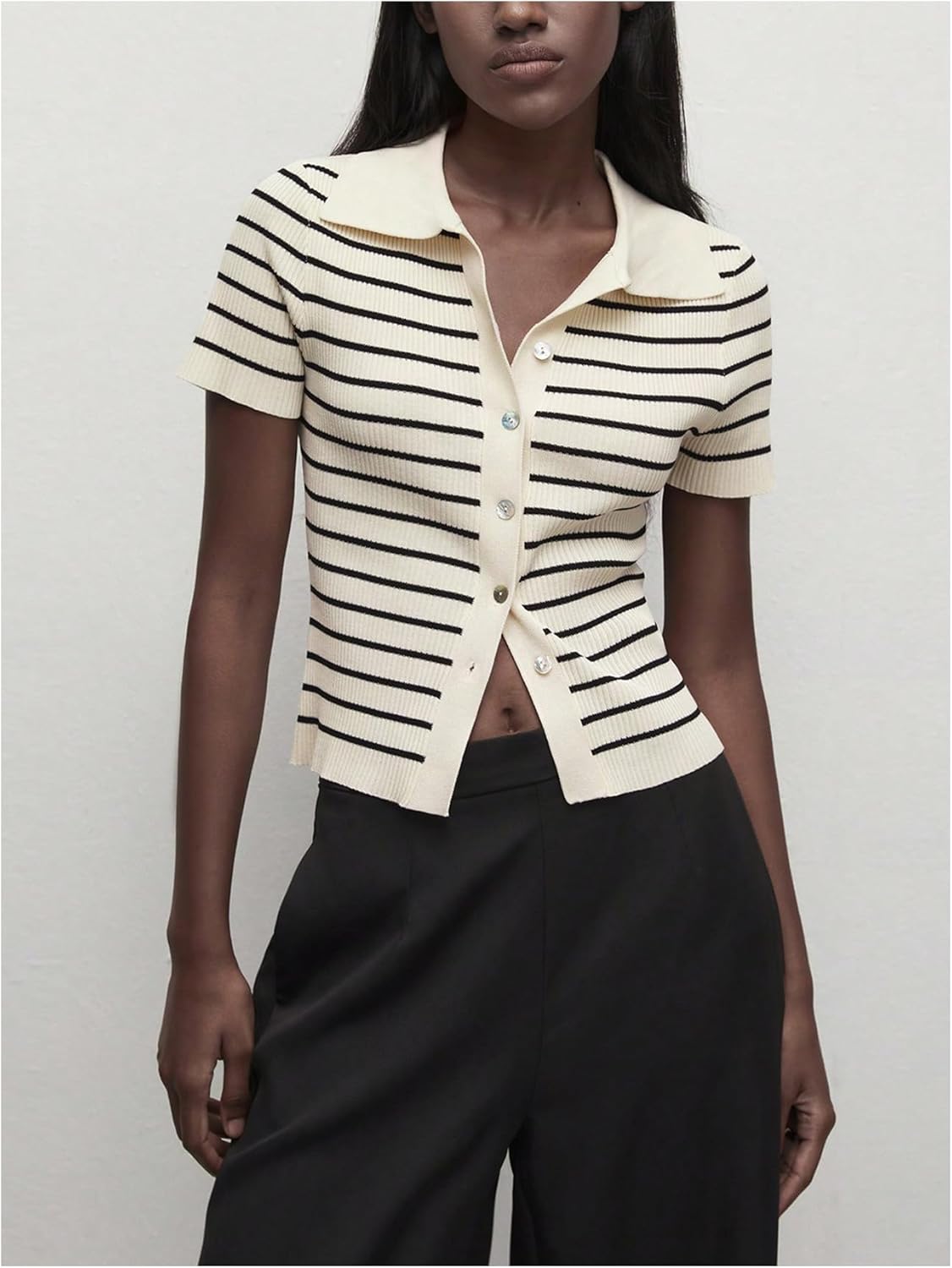 Verdusa Women's Old Money Striped Knit Tops Button Down Short Sleeve Sweaters Collared Tee Tops - Image 3