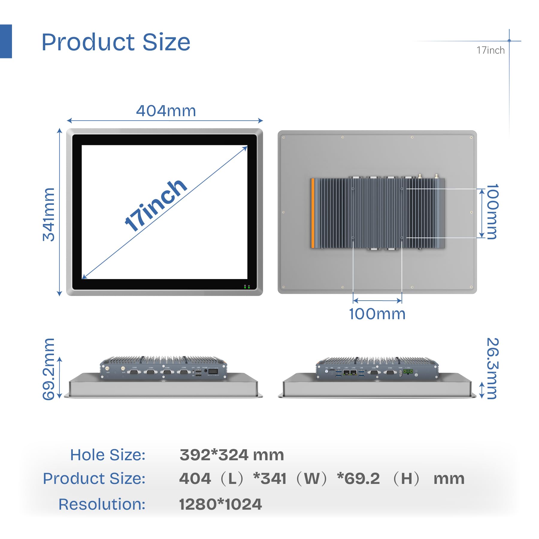 Panel PC Industrial Integrado de 17",Todo en uno Táctil Capacitiva sin Ventilador IP65,Windows 11 Pro,Encendido automático,2×LAN,HDMI,6×USB,2×RS485,4×RS232 (i5-1235U,16 GB RAM,256 GB SSD)