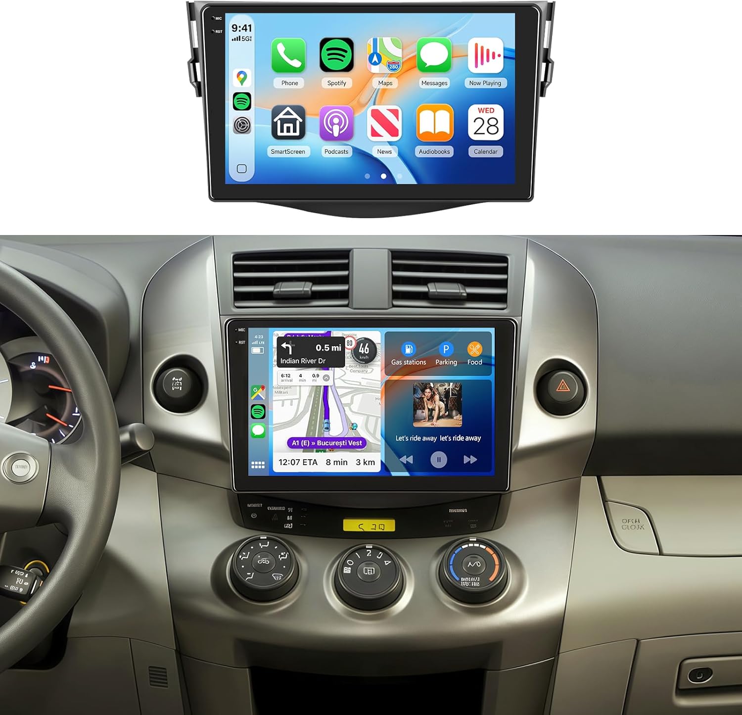 4G+128G Car Radio Stereo for Toyota RAV4 2007-2011, 9inch HD in-Cell Touch Screen/Android 15/Wireless CarPlay/Android Auto/GPS/WiFi/5.0Bluetooth/FM/RDS/SWC/AHD Backup Camera