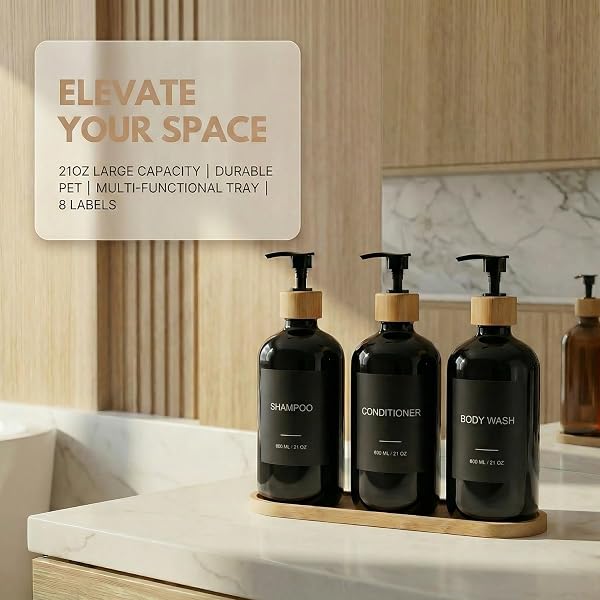 Dispenser per Shampoo e Balsamo Set 3 Pezzi - Flaconi Doccia PET Ricaricabili da 600ml con Pompa in Plastica di Bambù, Vassoio in Bambù, Imbuto ed Etichette, Dispenser per Gel Doccia per Doccia (Nero) - 2