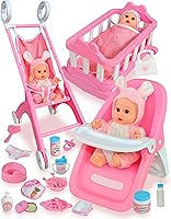 PLAYFULBAY Baby Doll Playset with Stroller, Crib, High Chair - 31-Piece Set, 2 Outfits, Role-Play Accessories for Girls Ages 3+