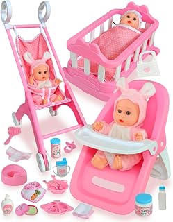 PLAYFULBAY Baby Doll Playset with Stroller, Crib, High Chair - 31-Piece Set, 2 Outfits, Role-Play Accessories for Girls Ages 3+