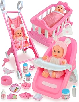 Baby Doll Accessories Set with Stroller, Crib and High Chair, 31-Piece Playset, 2 Doll Outfits & Accessories, Imaginative Role-Play Gift for Girls Ages 2+
