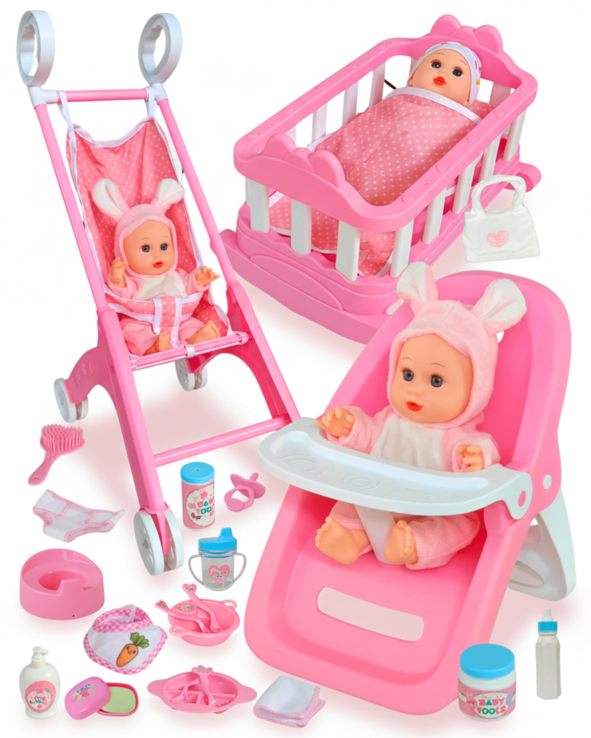 PLAYFULBAY Baby Doll Accessories Set with Baby Doll Cot,Highchair & Pram, 31-Piece Playset with 2 Outfits,Imaginative Role-Play Gift for Girls Ages 2+
