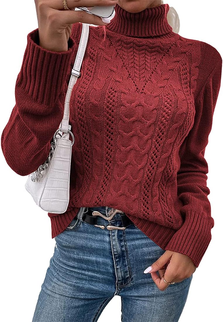 Hongqizo Women Casual Turtleneck Long Sleeve Sweater Cable Knit Pullover Solid Slim Fit Sweater Turtleneck Tops
