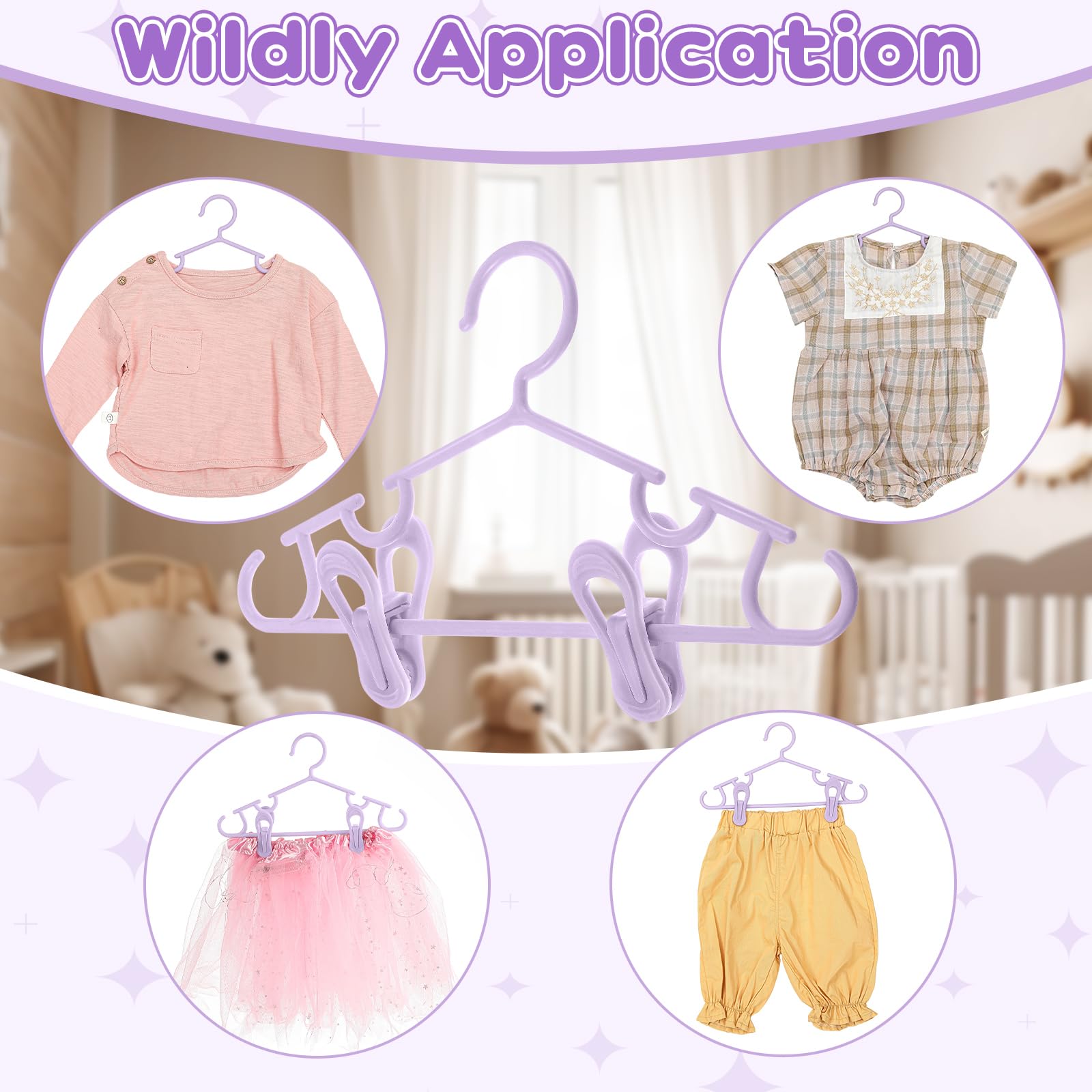 Hsei Lot de 120 cintres pour bébé avec clips pour pantalons, placards, jupes, chaussettes (violet)