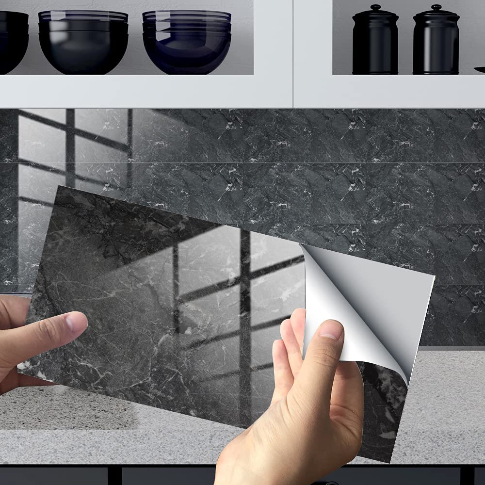 HORIWE Marble Tile Stickers 32pcs for Bathroom Kitchen Backsplash Waterproof Oil Proof DIY Self Adhesive New PVC Wall Stickers Home Decor 12x6 Inches