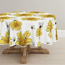 Horaldaily Summer Tablecloth 70 x 70 Inch Round Yellow Sunflower Bumble Bee | White Fall Washable Table Cover for Party Picnic Dinner Decor