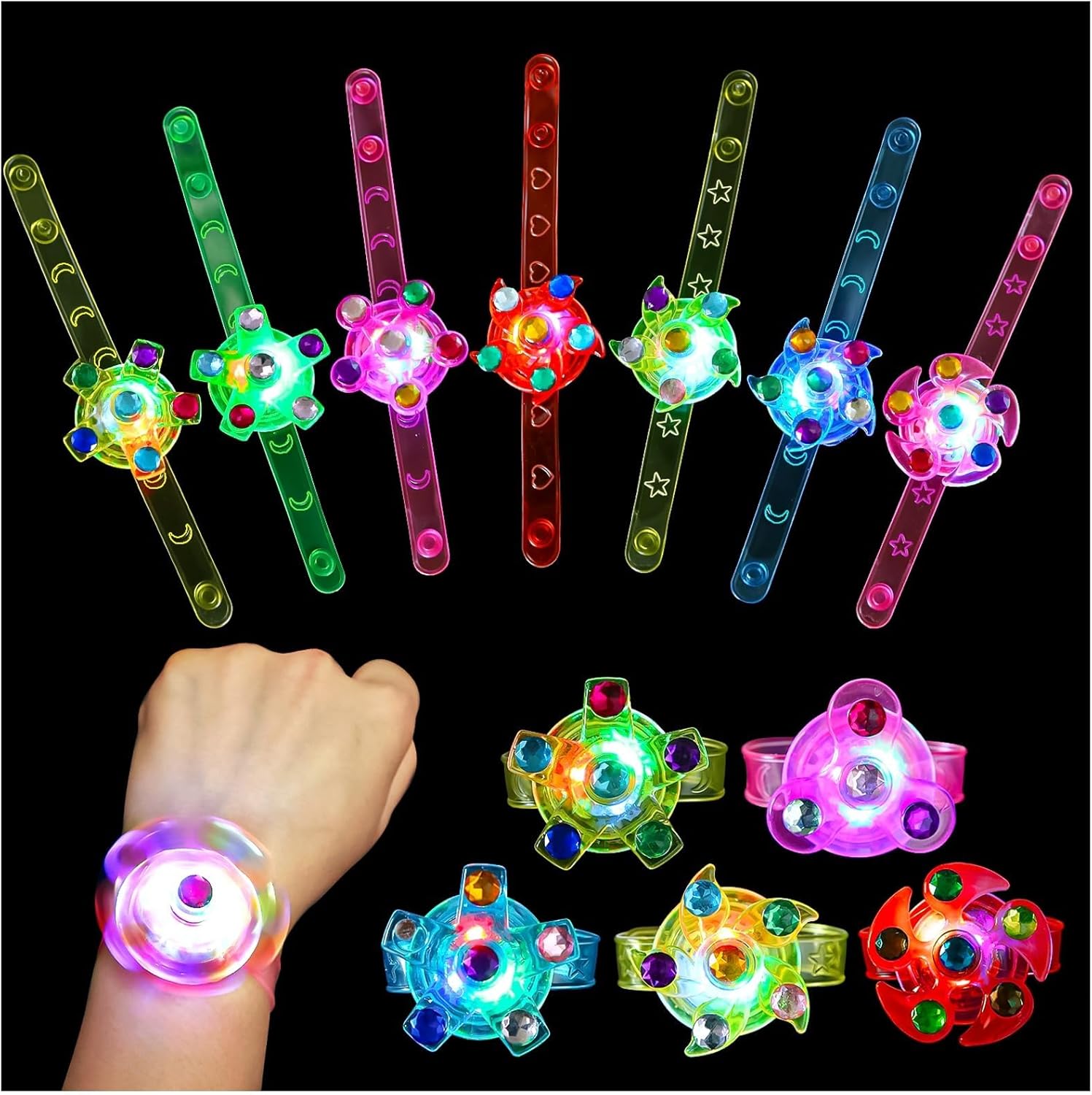 32 Pack LED Light Up Fidget Spinner Bracelets Party Favors for Kids 4-8 8-12, Glow in The Dark Party Supplies, Birthday Gifts, Treasure Box Toys, Goodie Bags Stuffers for Kids