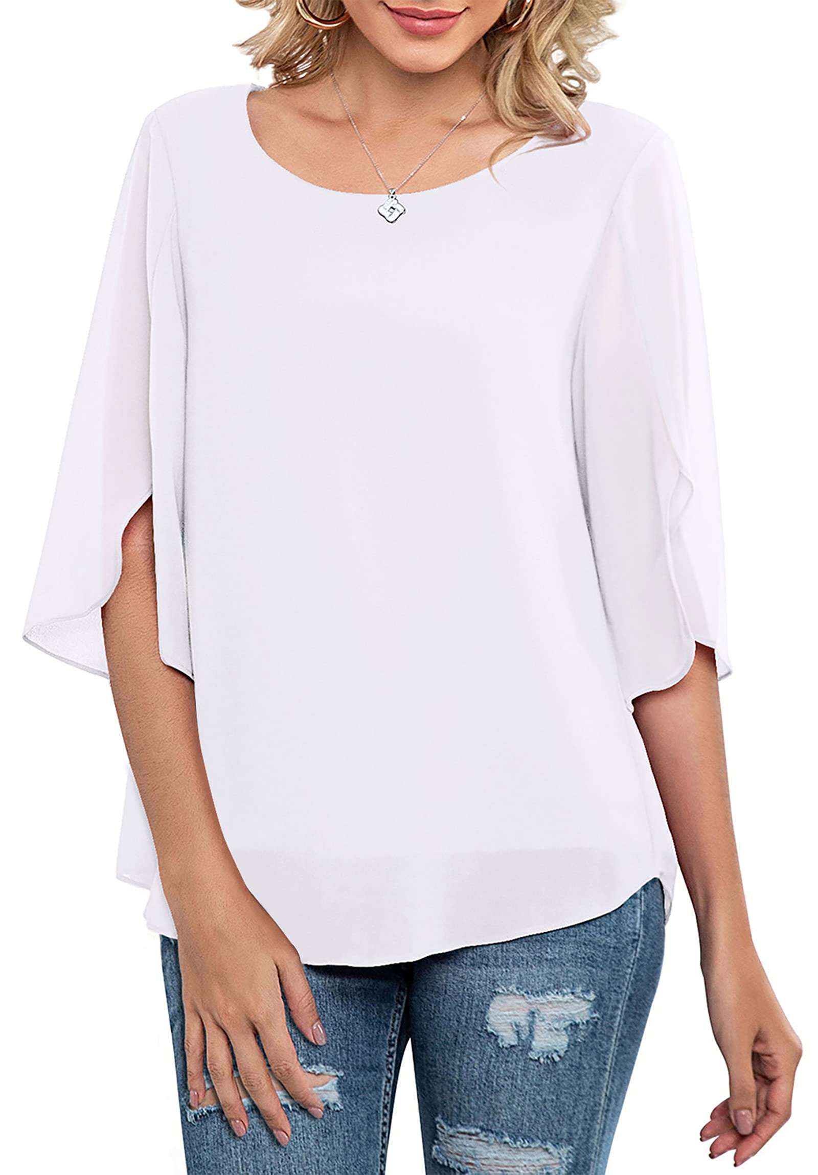 Neineiwu Womens Casual Scoop Neck Loose Top 3/4 Sleeve Chiffon Blouse Shirt Tops
