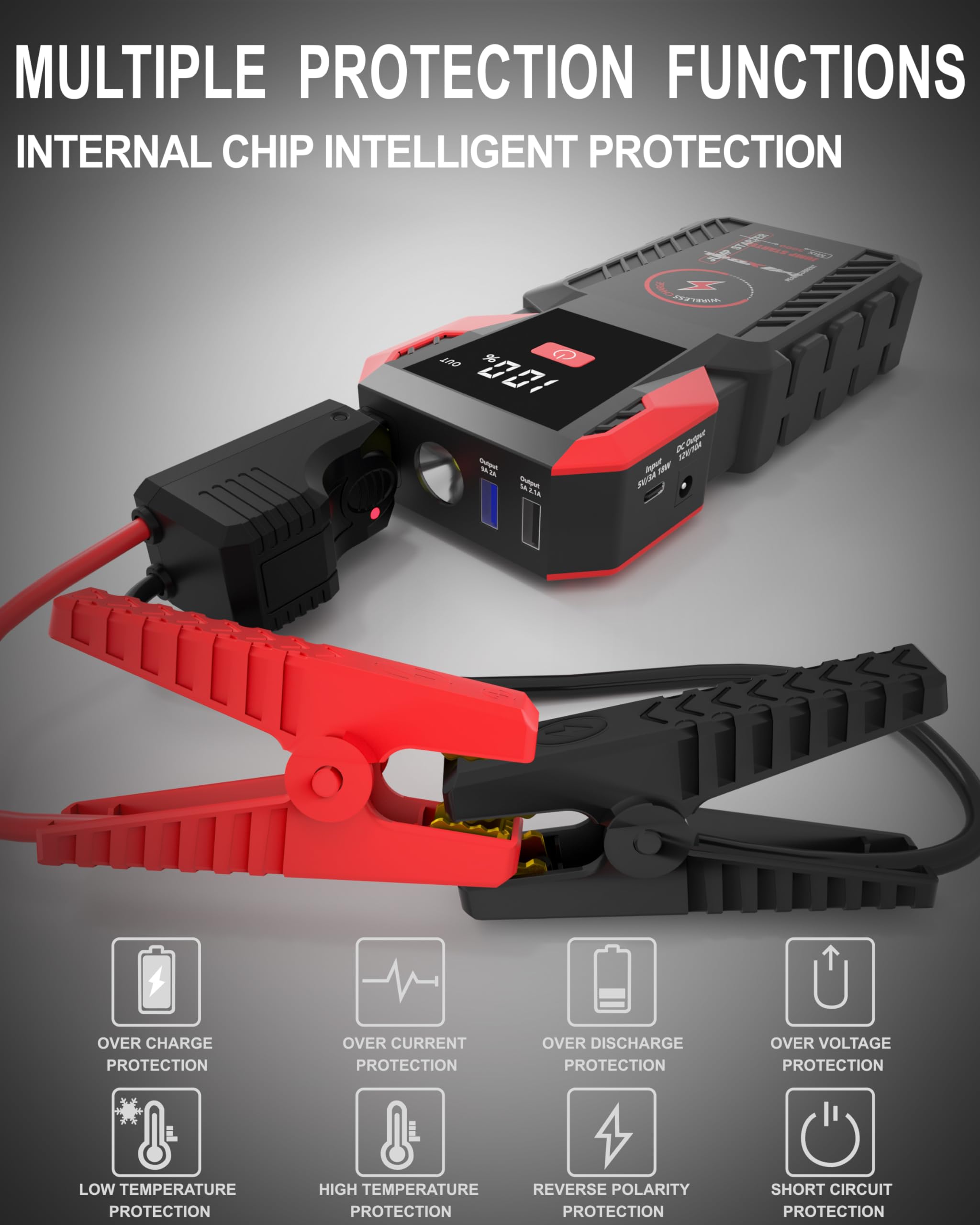 Arrancador de Baterias de Coche, 3000A Peak 12V Arrancador de Coches 24000mAh, Booster Arrancador Portatil para Motores Gasolina o DiéSel de 8L, con Luz LED, USB QC 3.0, Carga InaláMbrica