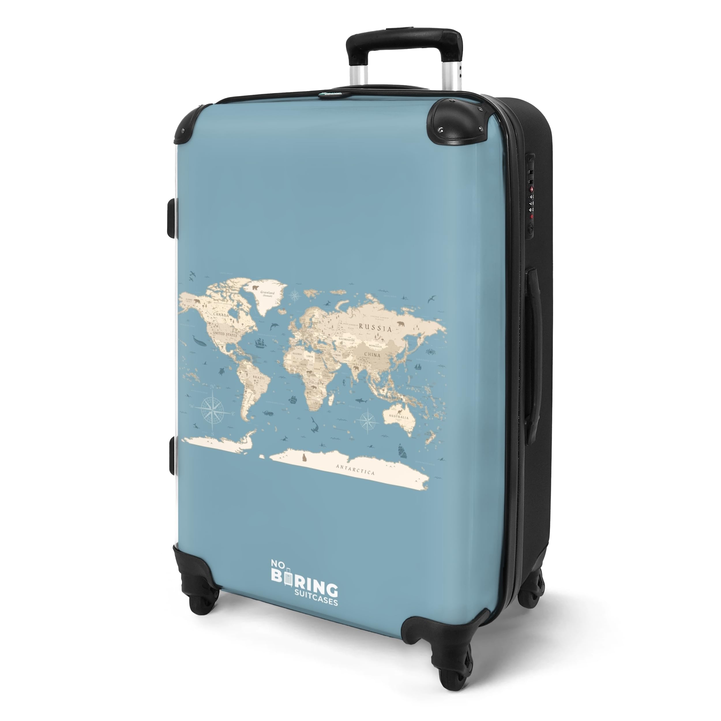 NoBoringSuitcases.com® Koffer Mittelgroß 67x43x25 cm Hartschalenkoffer L Trolley Rollkoffer 4 Rollen Leicht Hartschale Mittel Groß Weltkarte - Ozean - Realistisch - Blau