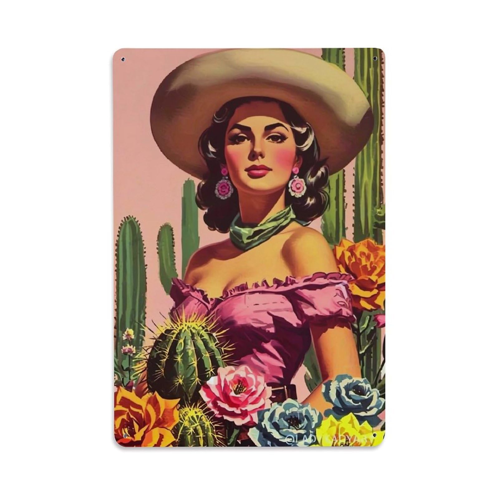 Nestemfo Vintage Mexican Woman Floral Cactus Tin Sign Metal Sign, Living Room,Bar, Home, Bedroom Wall Decor,Retro Metal Poster 8X12 Inches
