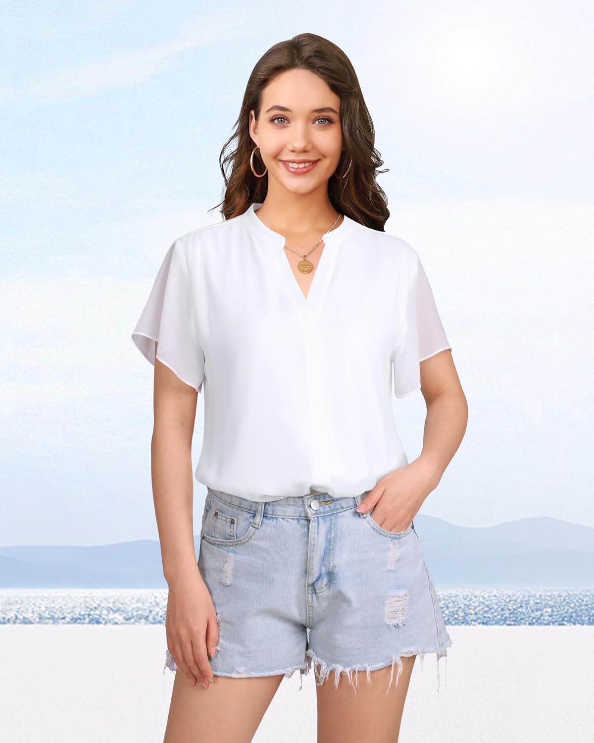 Bebonnie Womens Short Sleeve V Neck Double Layers Chiffon Blouses Dressy Casual Tunic Tops - Image 4