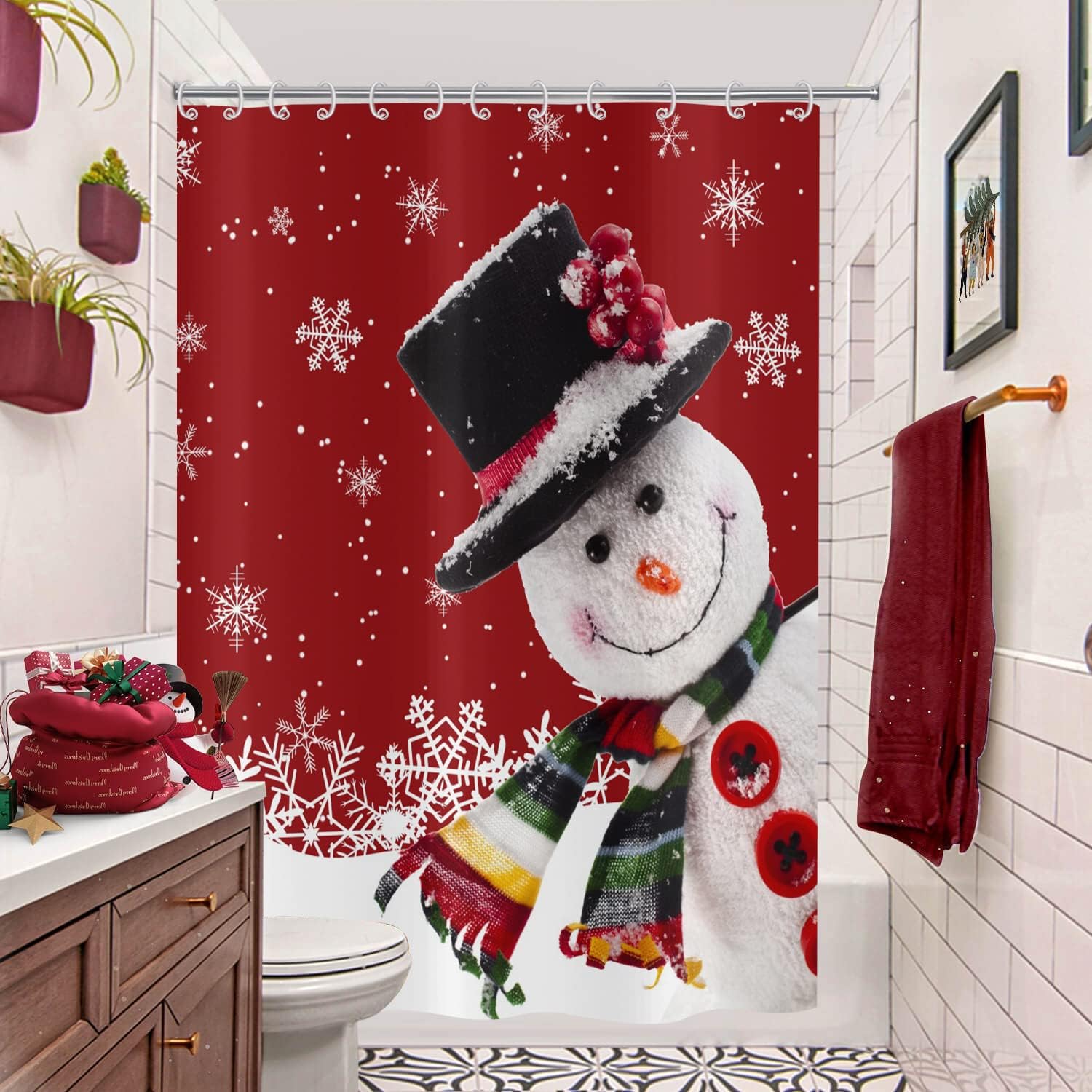 Christmas Snowman Shower Curtain, Red Funny Christmas Snowman White Snowflake New Year Winter Bathroom Curtain Home Xmas Decor Waterproof Fabric Machine Washable with 12 Hooks, 72" Wx84 L