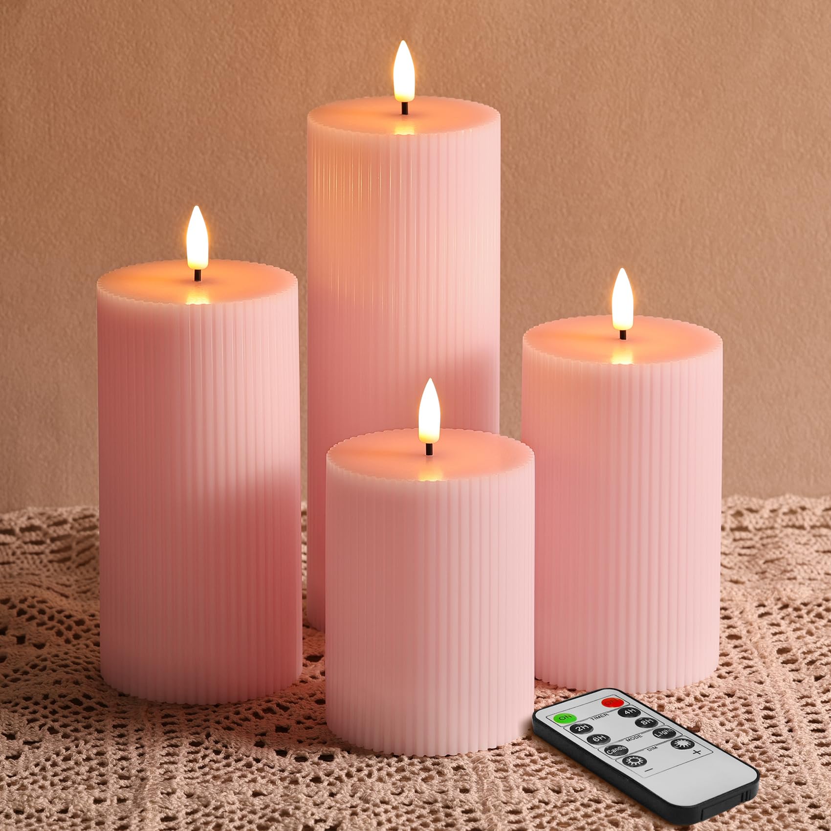 Eywamage Pink Ribbed Flameless Pillar Candles with Remote, Flickering LED Wax Candles Battery Powered Set of 4