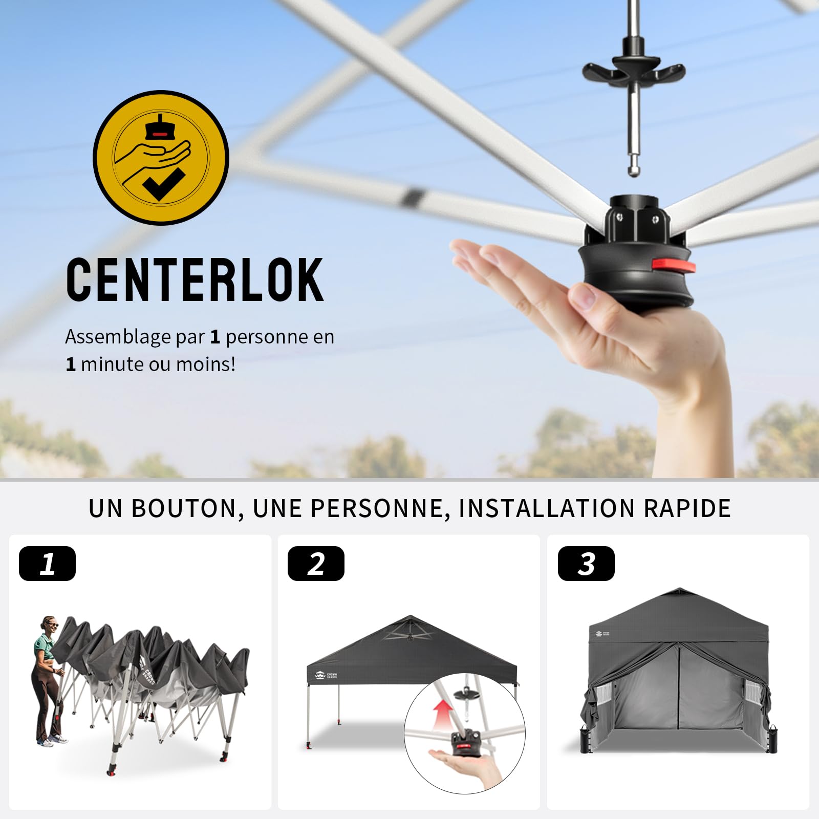 CROWN SHADES Tonnelle Pliante 3x3 Imperméable, Gazebo Pop-Up avec UPF 50+, 4 Parois Latérales Amovible, Gris