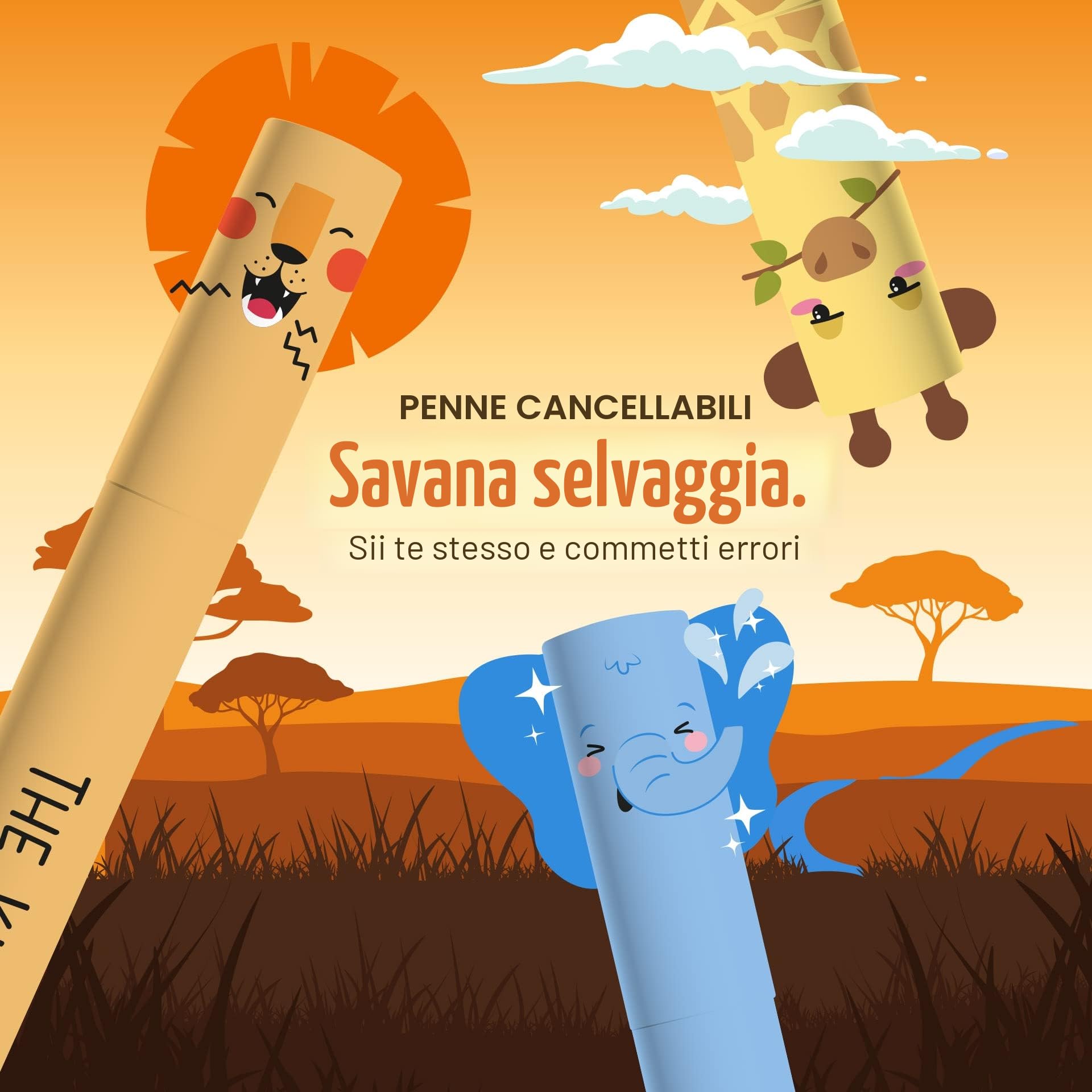 Legami - Penna Gel Cancellabile, Sfera sull'Estremità per Rimuovere l'Inchiostro senza Consumare il Foglio - Inchiostro Nero Termosensibile - Savannah collection - Lion, Giraffe, Elephant