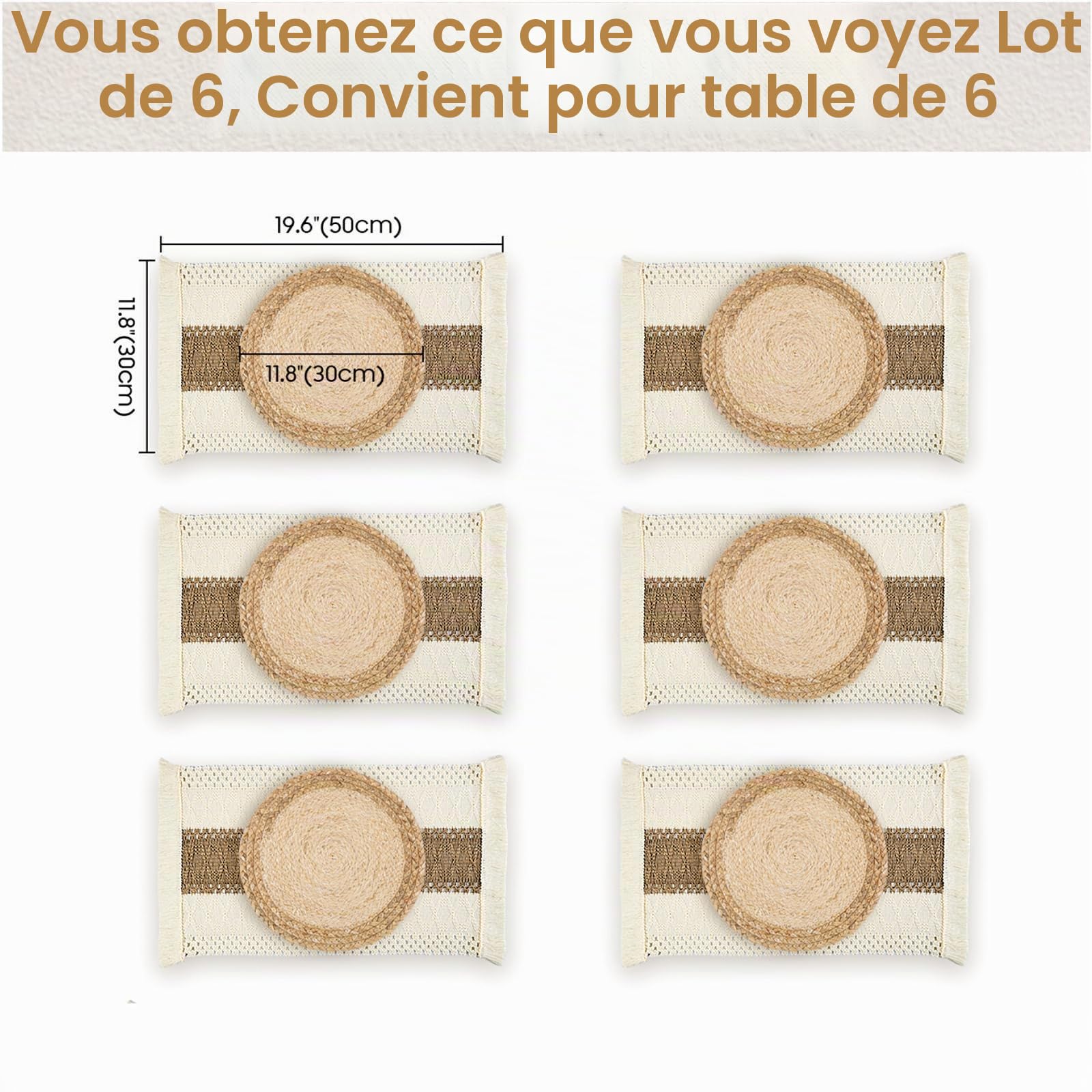 Lot de 6 sets de table tissés à la main en toile de jute de coton naturel et paille d'eau tissée, décoration en macramé et style ferme, pour table à manger, cuisine