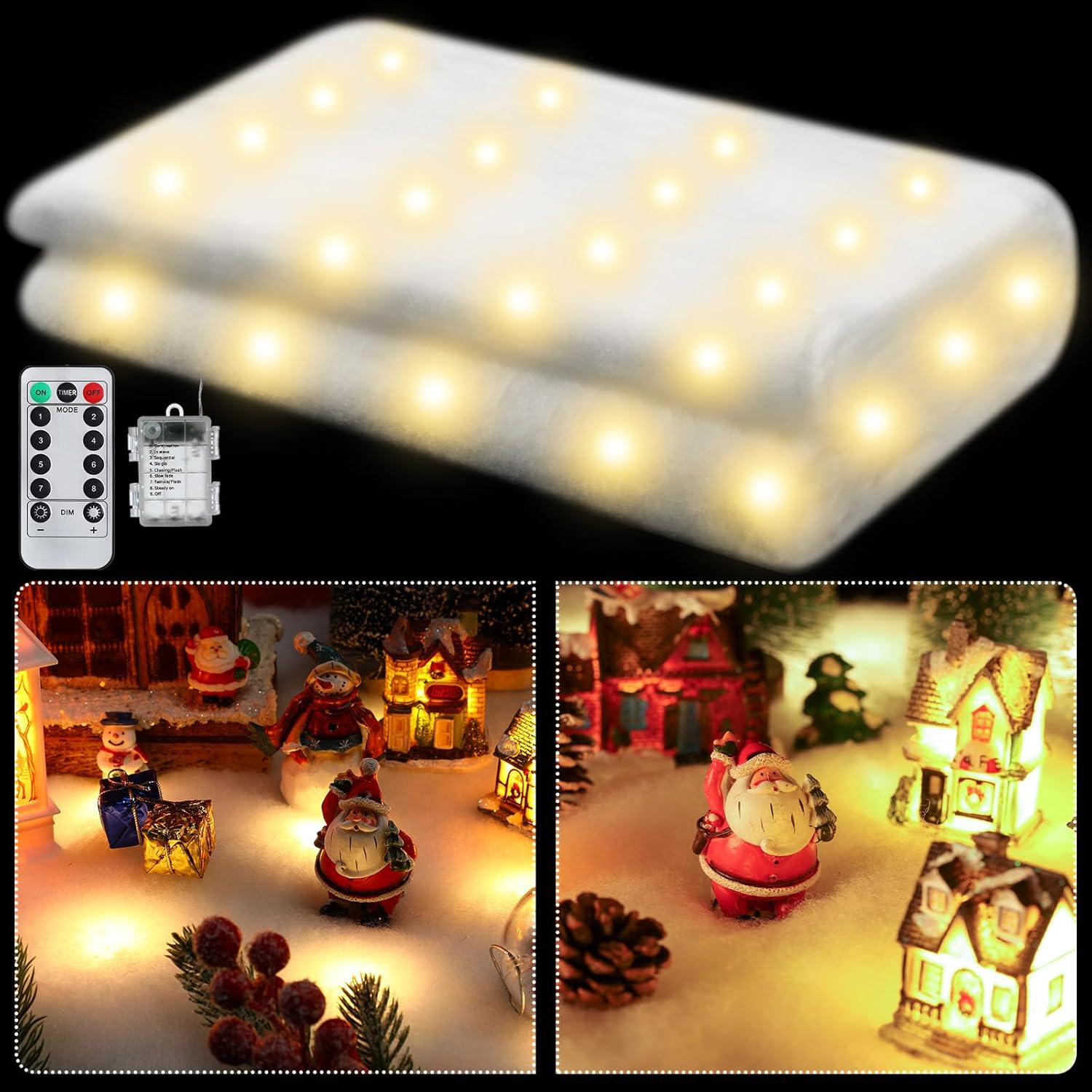 zhengmy christmas pre lit snow blanket with led lighted table runner artificial snow blanket for xmas table village decorations(94 x 24 inch,warm white) warm white 94 x 24 inch