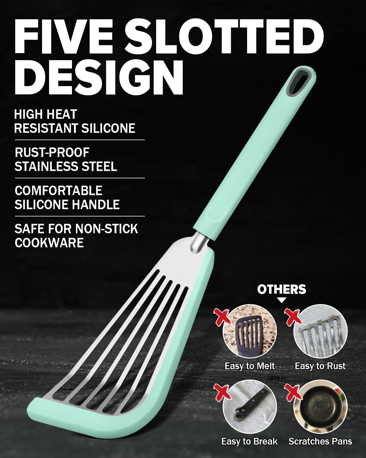 Juego de 2 espátulas de silicona para pescado, espátulas ranuradas finas para utensilios de cocina antiadherentes, resistentes al calor, flexibles, de acero inoxidable, para cocina, pescado, huevo,