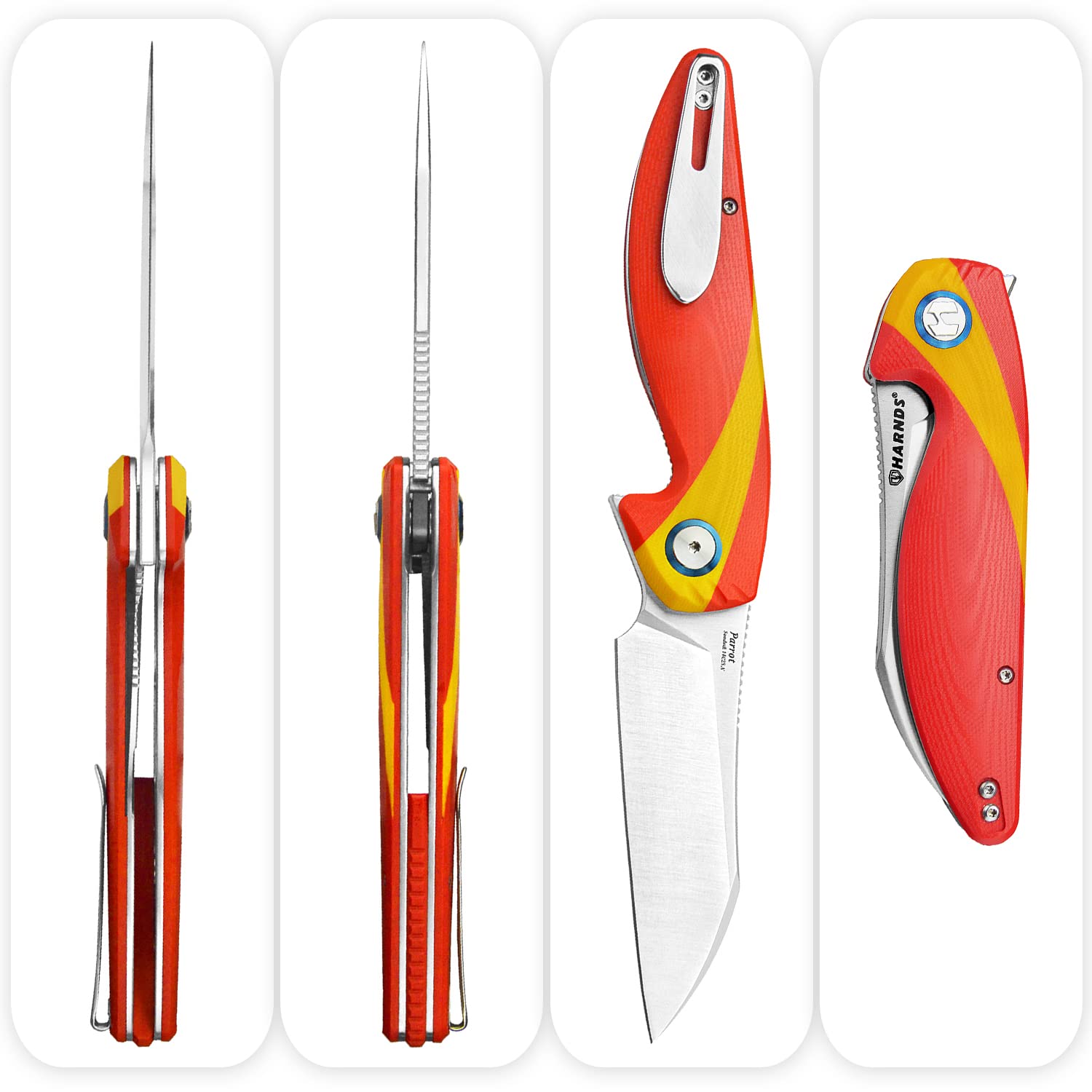 HARNDS Parrot Premium Coltello pieghevole con lama Sandvik 14C28N da 3,58" e manico in G10 con clip, chiusura con liner per l'EDC e il campeggio all'aperto. (Rosso & giallo)