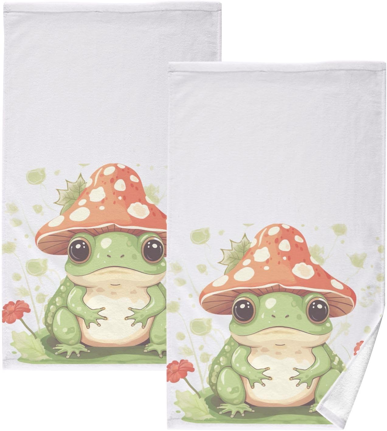 Hand Towels Set of 2 Kawaii Frog Mushroom Cotton Face Towel Bath Towel for Gym Spa Bathroom Absorbent Soft Guest Towel Home Decor 16 * 28in