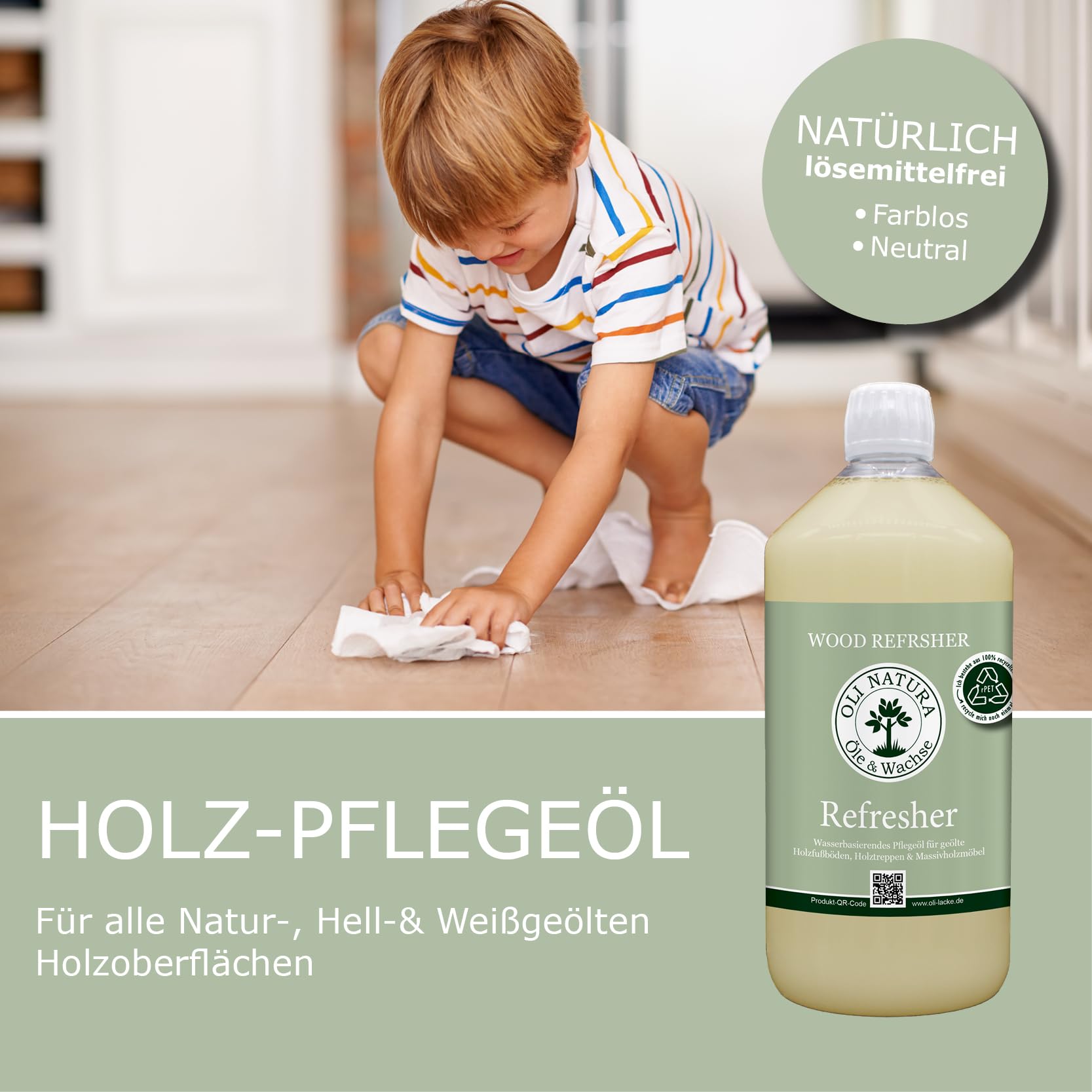 OLI NATURA Holz-Refresher - lösemittelfreies Hydro-Pflegeöl - 1L | Zur Pflege und Auffrischung geölter Möbel, Treppen, Holzböden, Kinderspielzeug & mehr - ergiebig, antistatisch & VOC-frei