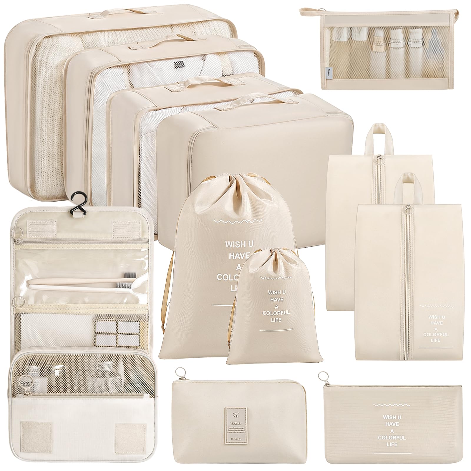 Organizer Valigia 12 Pezzi (Beige), set organizer per valigia, organizer viaggio, packing cubes, sacchetti vestiti viaggio