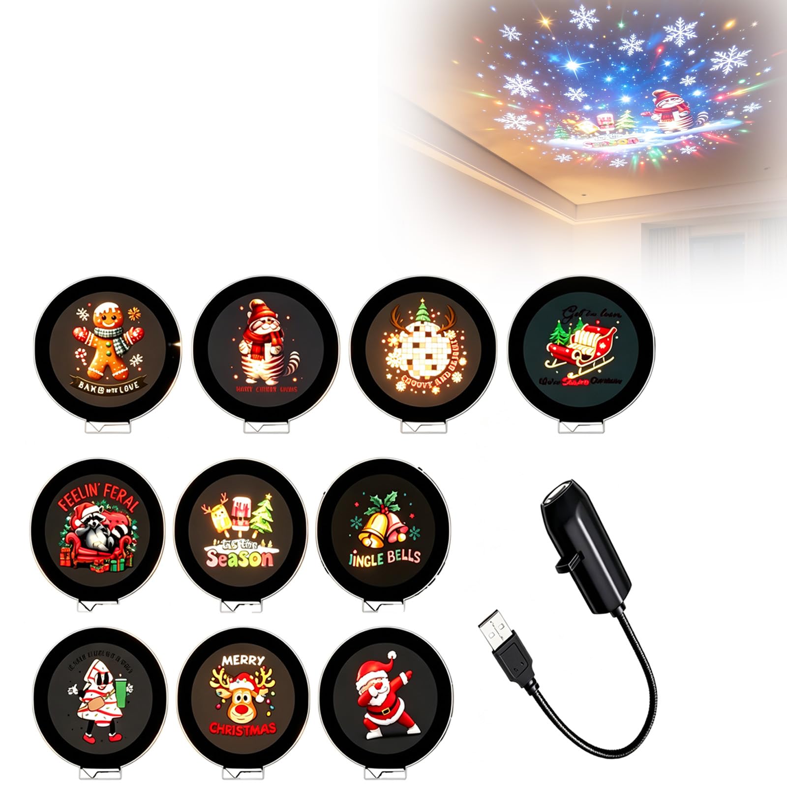 Christmas Pojector, Plug and Play HD Christmas Projector Indoor, Christmas Scene Projectors, 360° Adjustable, USB Ceiling Lamp for Bedroom, Living Room