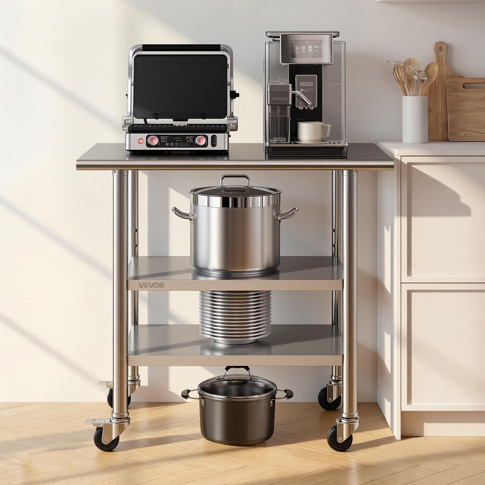 VEVOR Mesa de Preparación con Ruedas 91,5 x 61 x 86,4 cm, Mesa de Trabajo de Acero Inoxidable 3 Niveles, con Estante Ajustable, Bordes Redondeados, para Restaurantes, Hoteles, Cocinas, Garajes