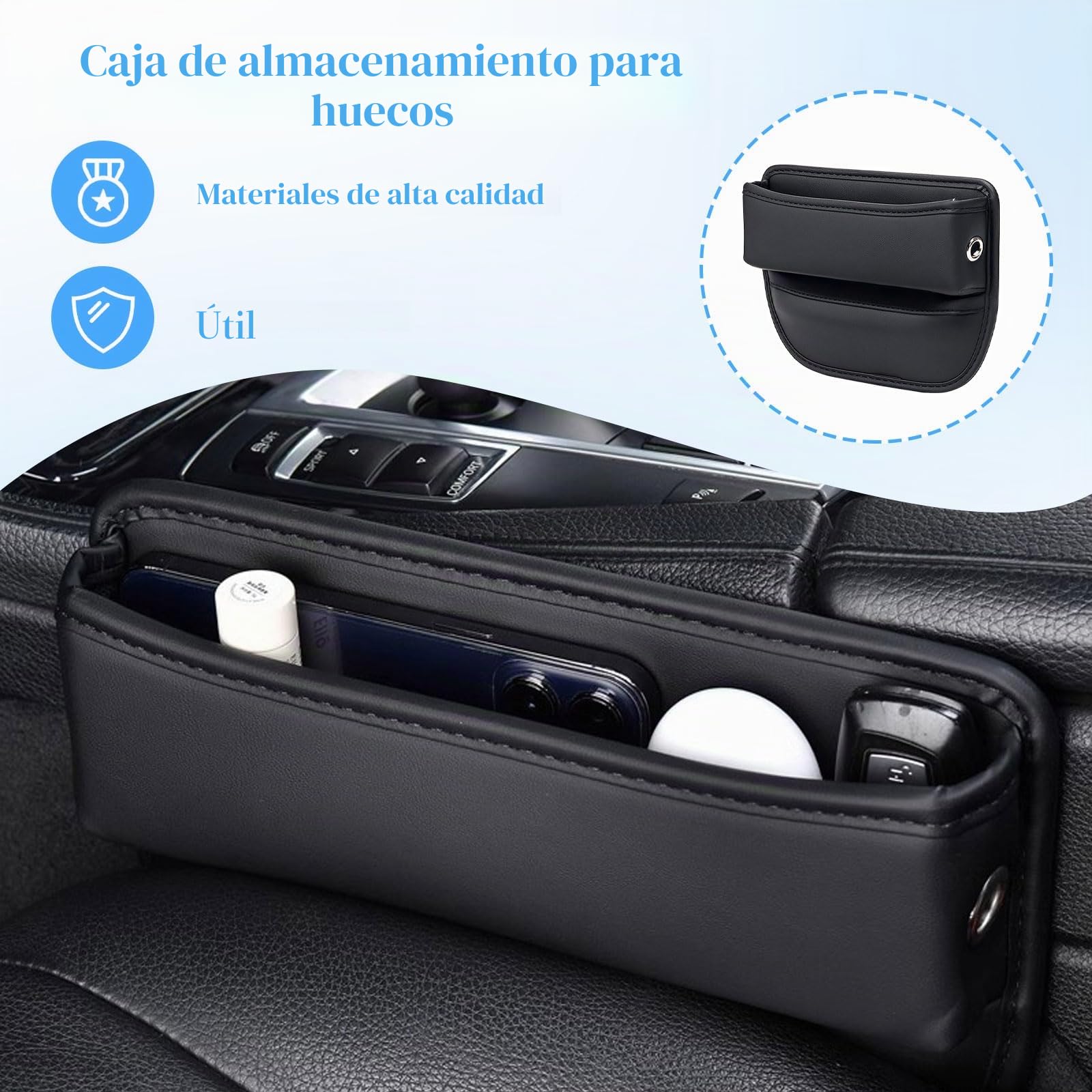 Organizador de Automóvil Consola Central, 2 Pack de Organizadores de Asiento de Coche de Cuero para Teléfono, Llaves, Gafas de Sol