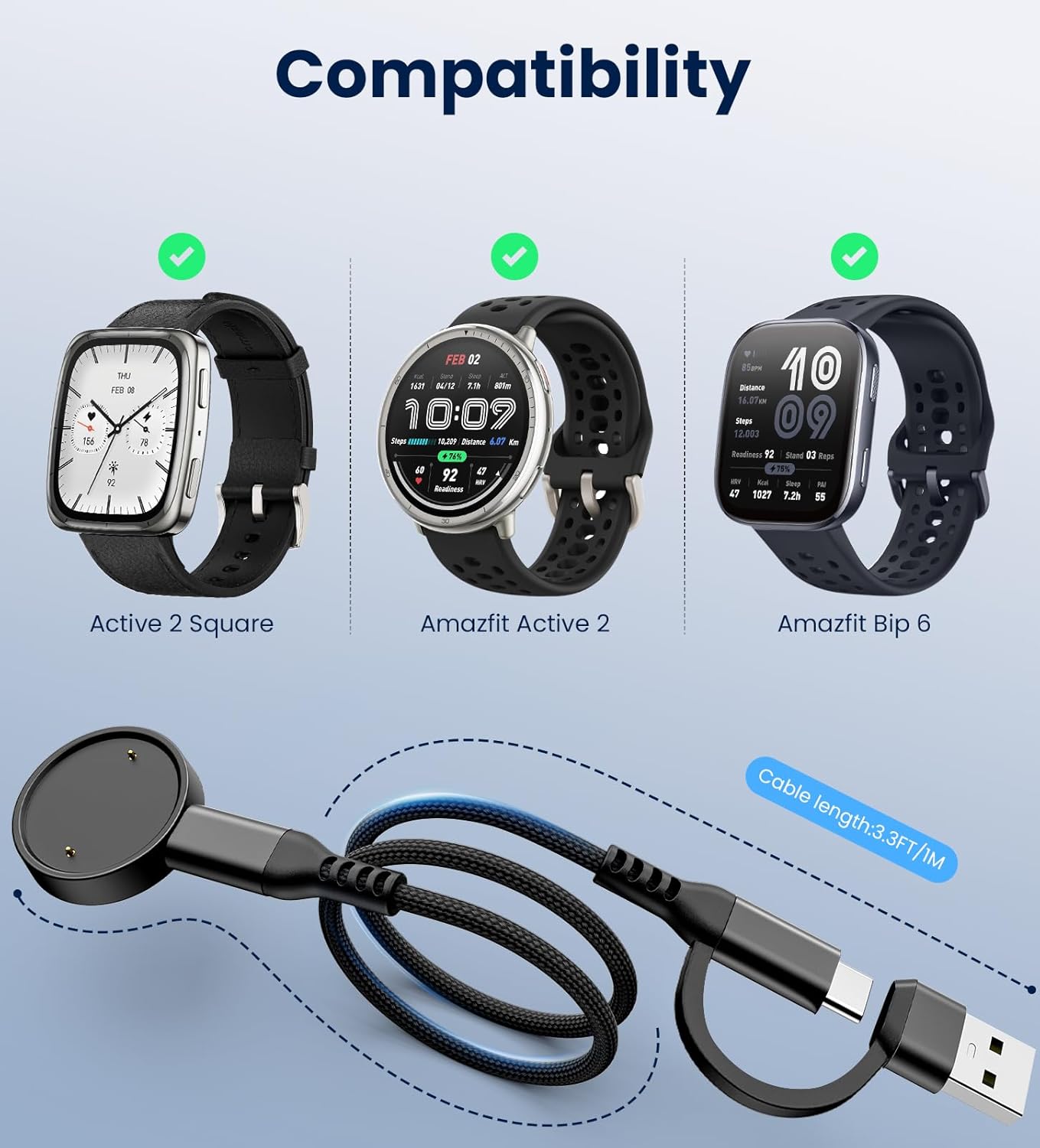 TiMOVO Charger Compatibie with Bip 6/Active 2, 2 in 1 Type C Replacement Charging Cable Cord Dock Stand for Smart Watch (3.3ft/1m)