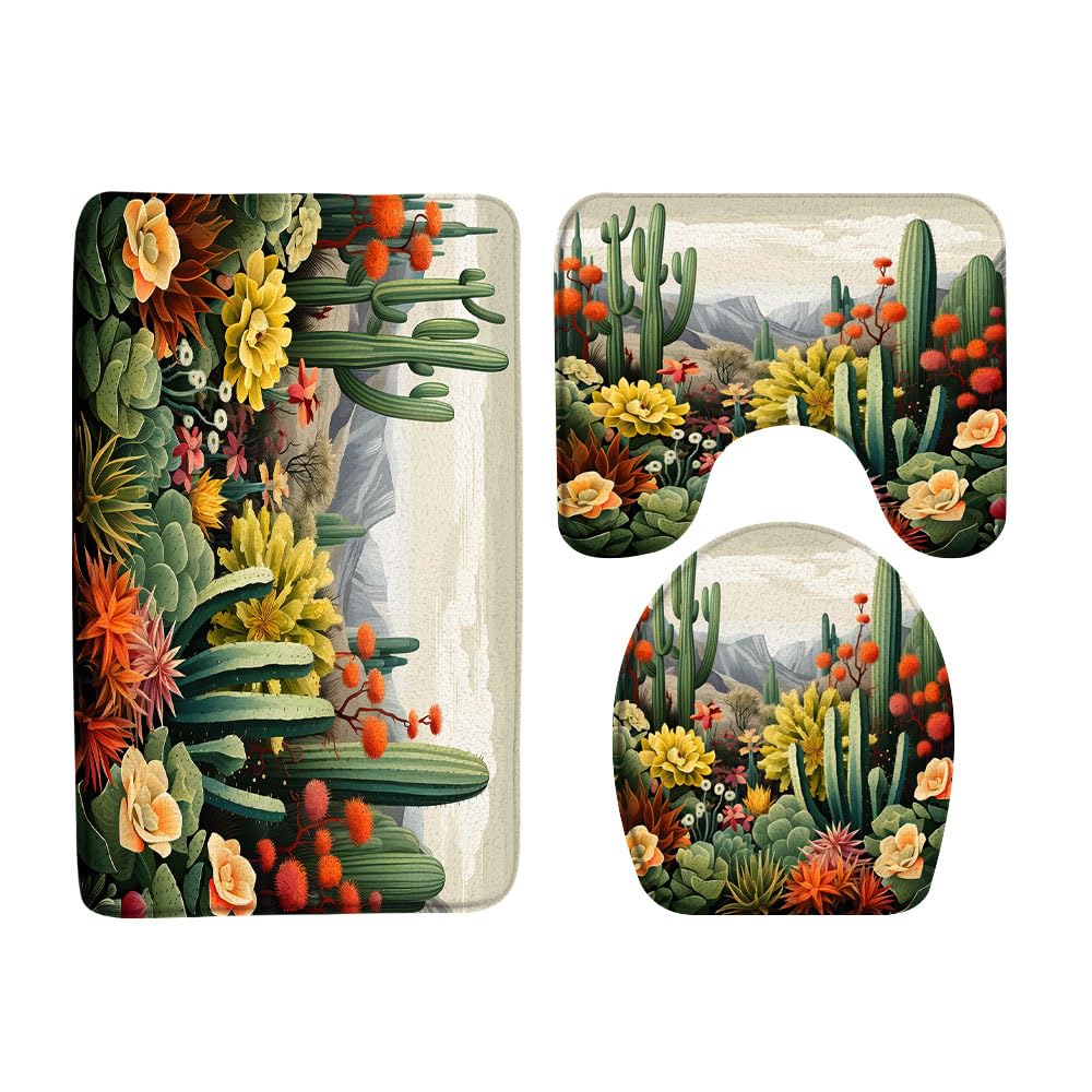 VPUPCN Cactus 3 Pcs Bath Rugs Set,Tropical Succulent Plant Green Cacti Flower Mountain Desert Landscape Modern Boho Bathroom Kitchen Rug with 16