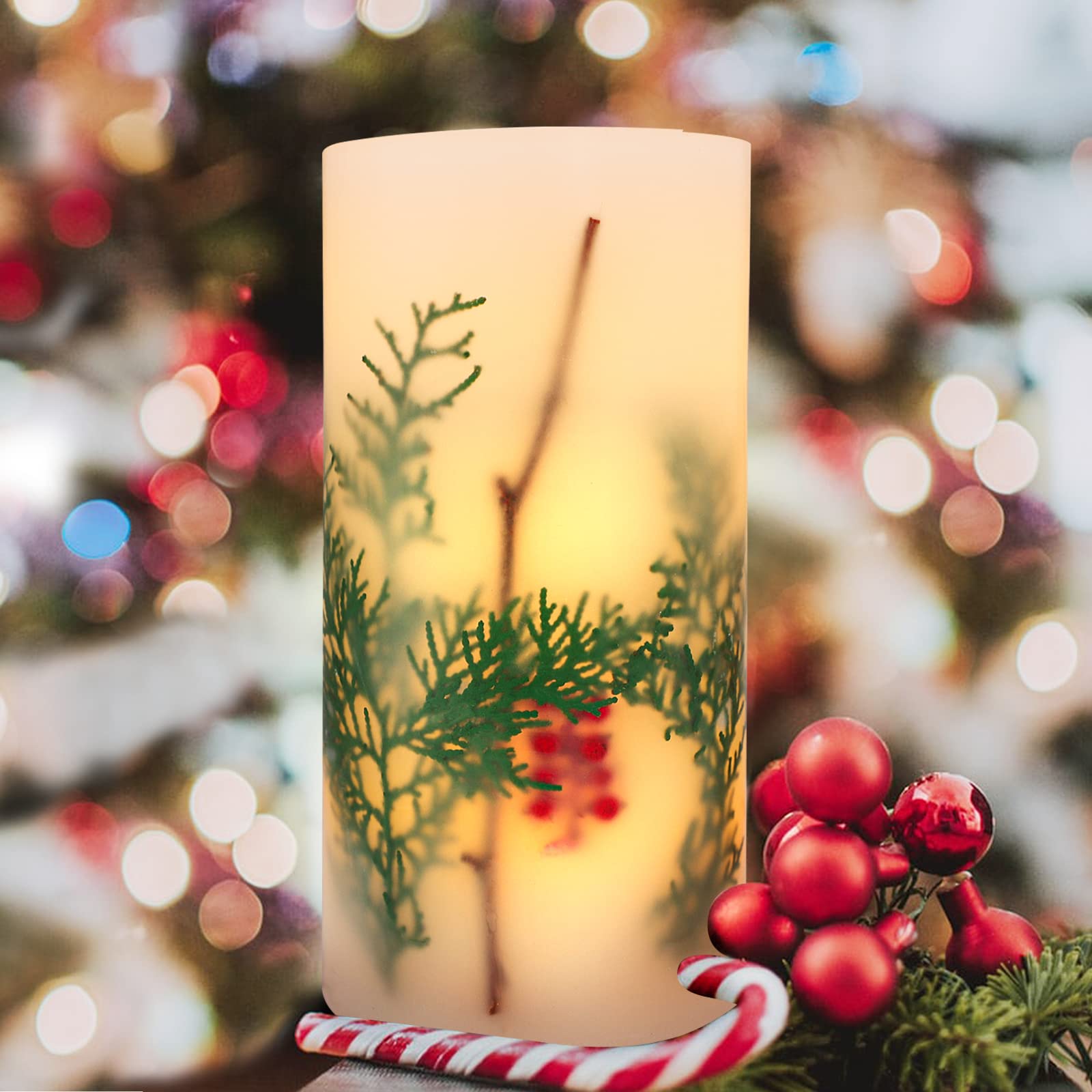 Crystal Club Christmas Flameless Candles, Battery Operated Single LED Candles with Timer, Real Wax Holiday Candle for Xmas Tree, Home Mantel Decors (Fir and Hawthorn Berry)