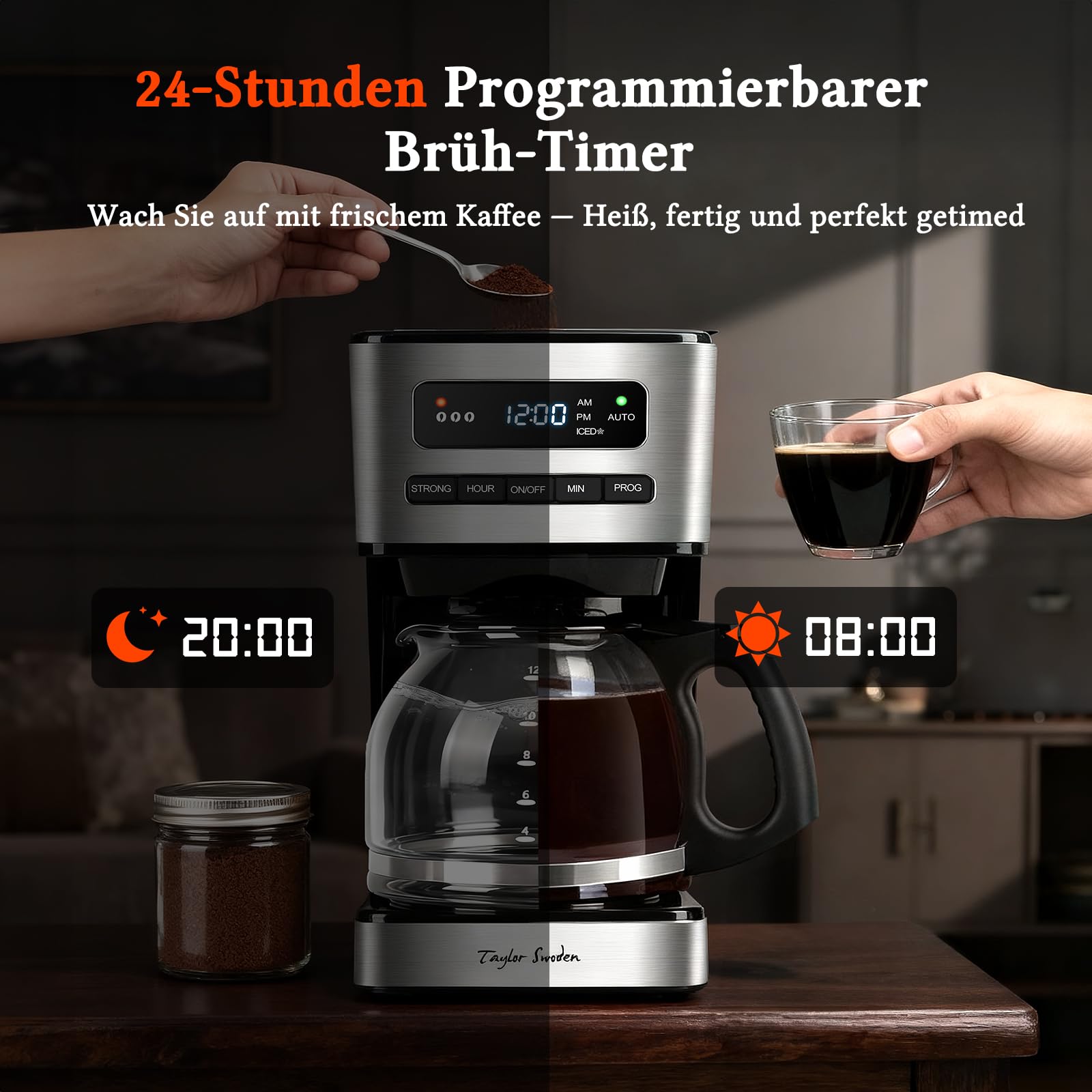 Taylor Swoden Kaffeemaschine 1,8L mit 24H Timer, Eiskaffee-Modus, 3-stufige Stärkeauswahl automatische Reinigung, Filterkaffeemaschine mit Glaskanne & Tropf-Stopp, Wiederverwendbarem Filter, Schwarz