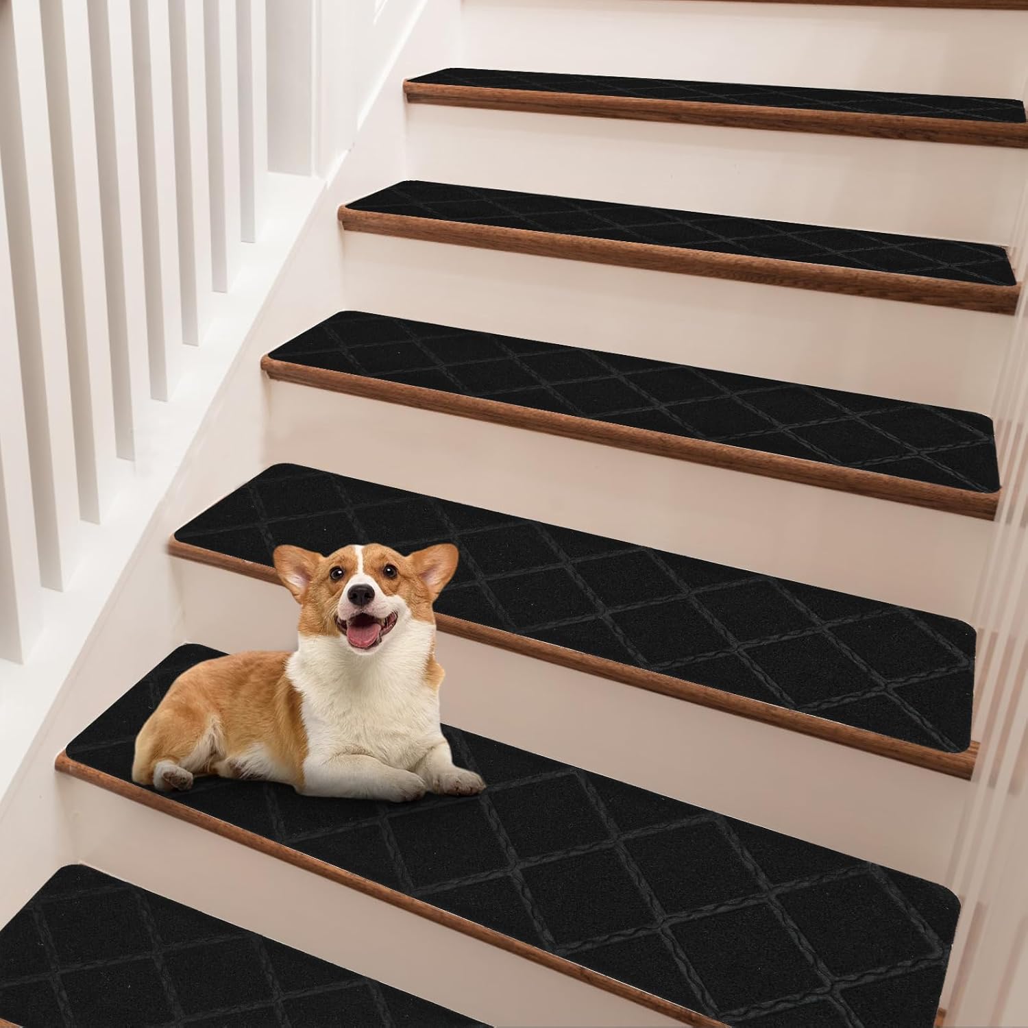 Black Stair Treads Non Slip 30" x 8", Stair Treads for Wooden Steps Indoor, Carpet Stair Treads with Reusable Adhesive for Kids Elders and Pets (15 pcs,Black) 1 Black 15