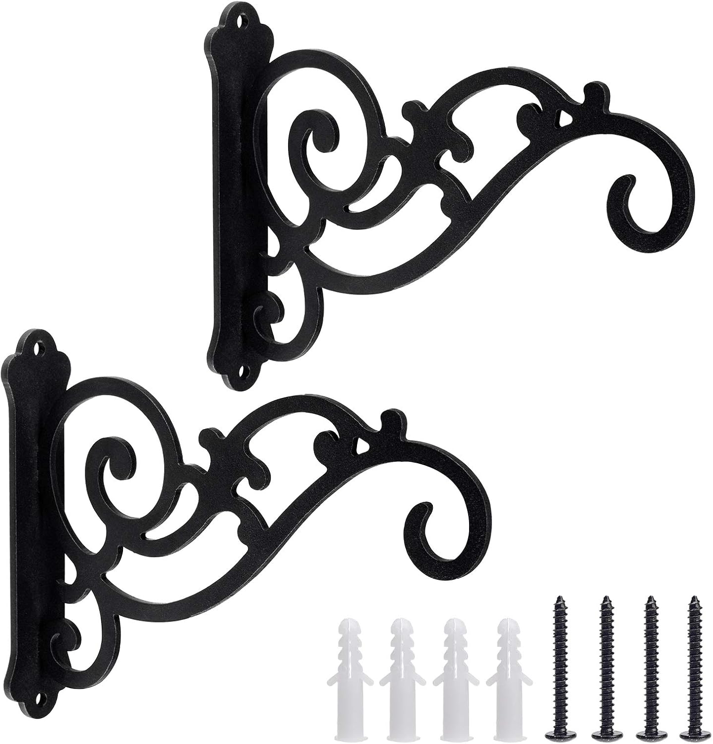 Aeiniwer HomeStance 2 Pack Carbon Steel Wall Bracket Hanging Hook for Decorative Plants Lanterns Lights Signs Chimes Bird Feeders, Indoor Outdoor Home Decor, Screws Included, 6 Inches (Matte Black)