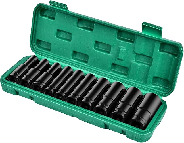 NefLaca 1/2" Impact Deep Socket Set 10Pcs 10-24mm Durable Reliable Drive Cr-Mo Steel for Professional Repair DIY Tasks with Carrying Case
