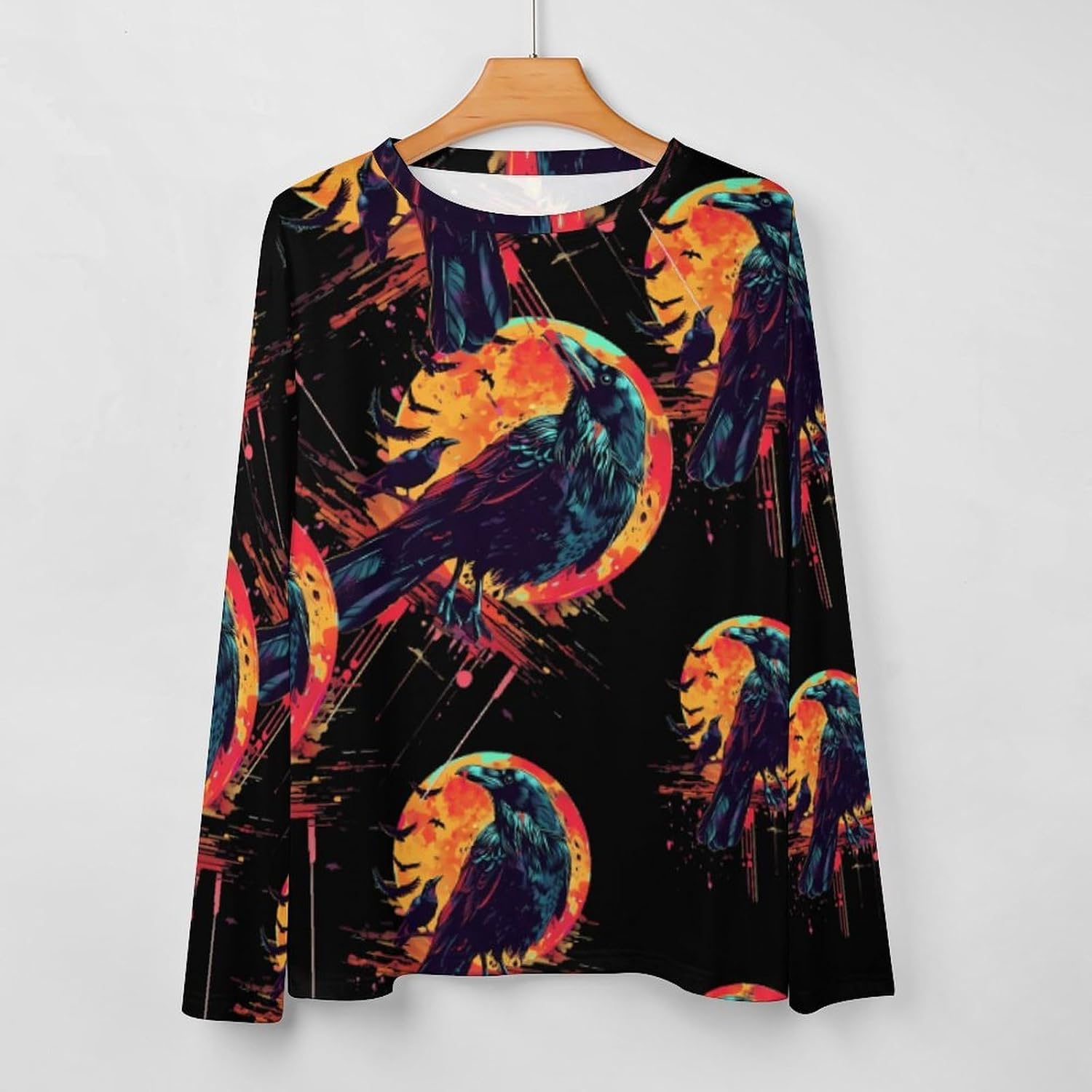 Watercolor Raven Moon Crow Women's Pajama Top Sleepwear Pajamas Sleep T-Shirt Long Sleeve Shirt Crewneck Tee