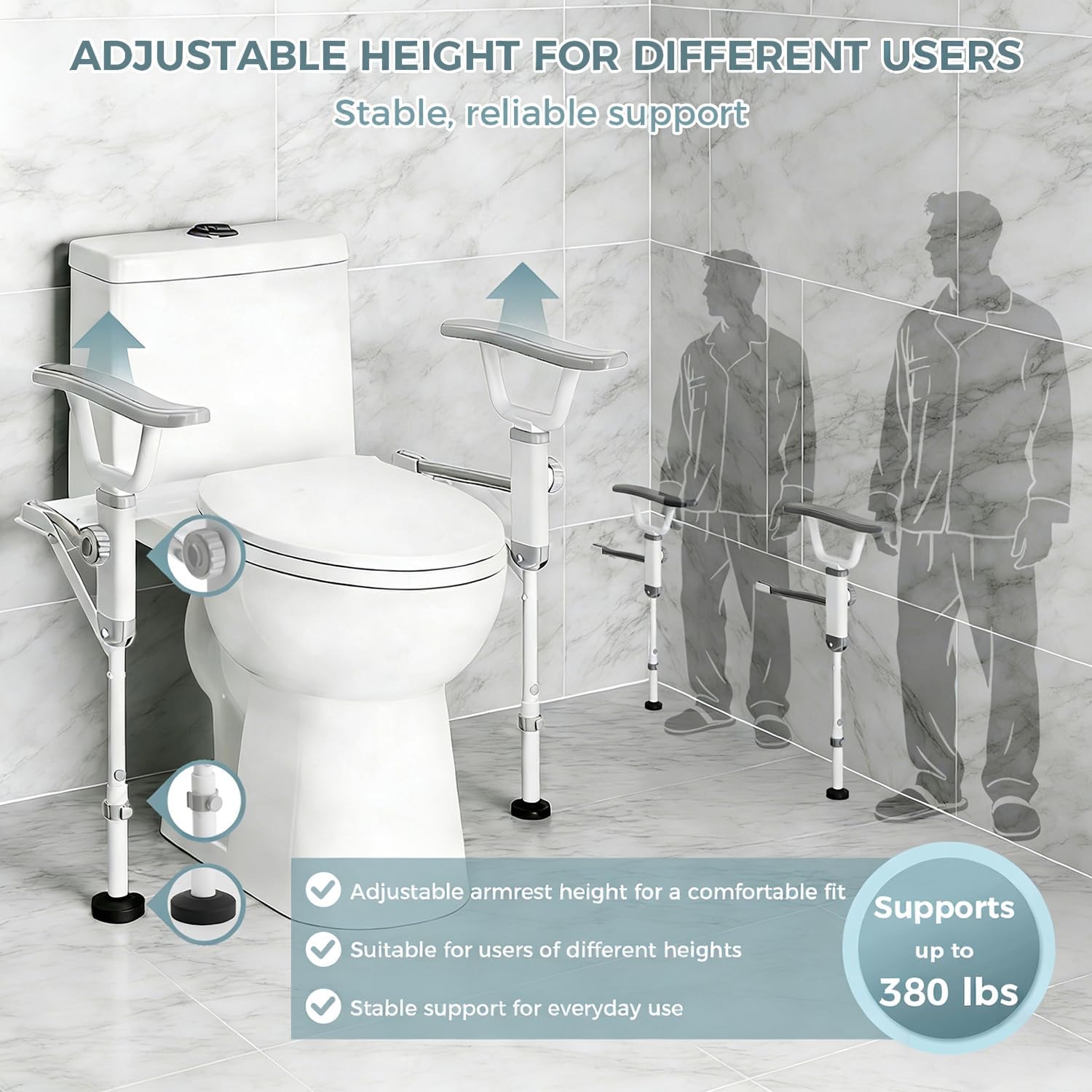 AbyssZen Folding Toilet Safety Rails - Adjustable Bathroom Support Frame with Foldable Arms for Elderly, Seniors, Post-Surgery Recovery, and Pregnant Women - Tool-Free Installation, Sturdy Grab Bar